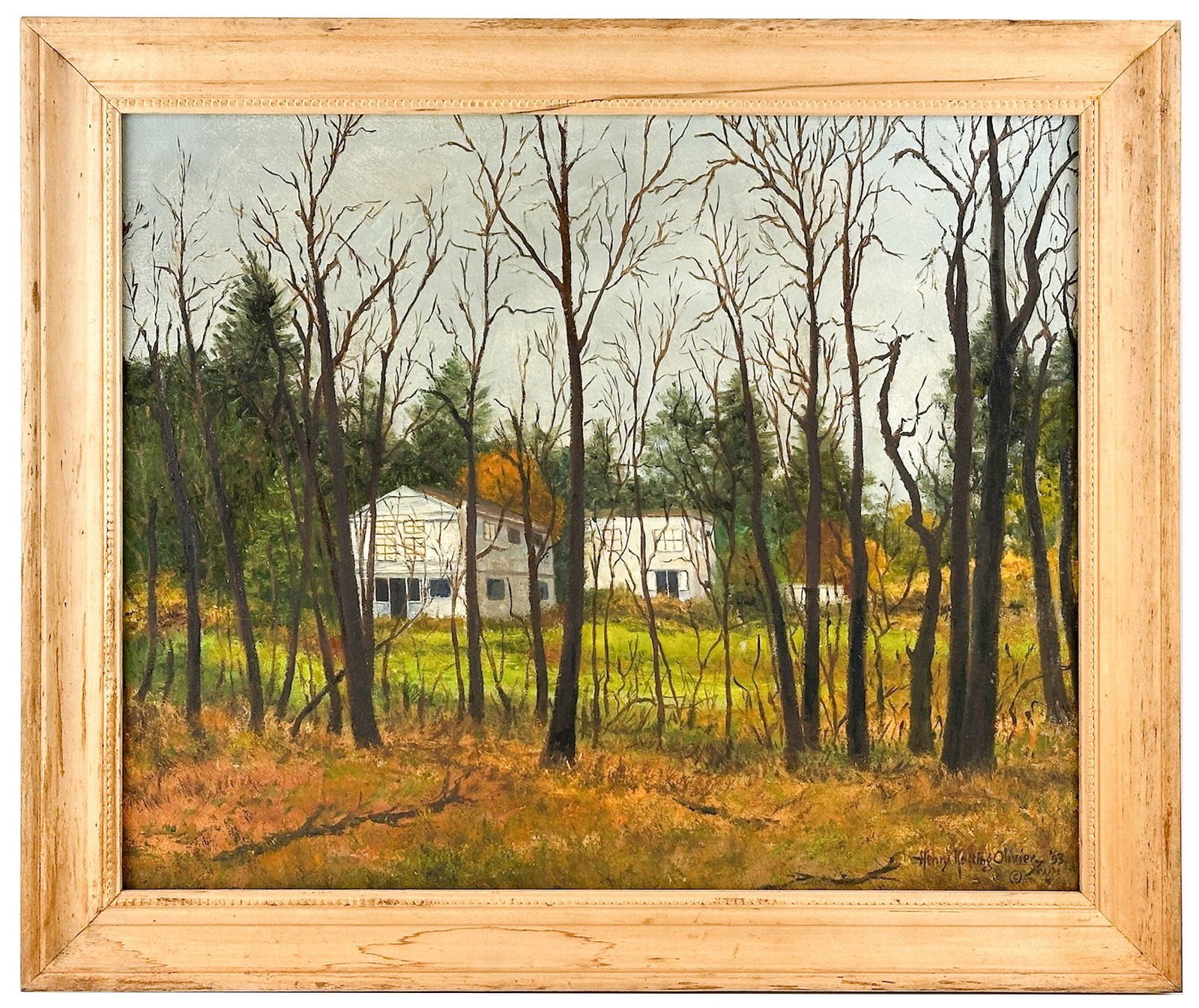 Henry Ketting Olivier (1924-2004) Oil On Canvas, Boalsbury, Pennsylvania, 1993: Titled "Boalsbury - Pennsylvania," 1993. Depicts houses in the Pennsylvania forest. Signed in the lower right and on the back side. Pine picture frame.Dimensions: Visible approx. 17.5 in H x 21.5 in W