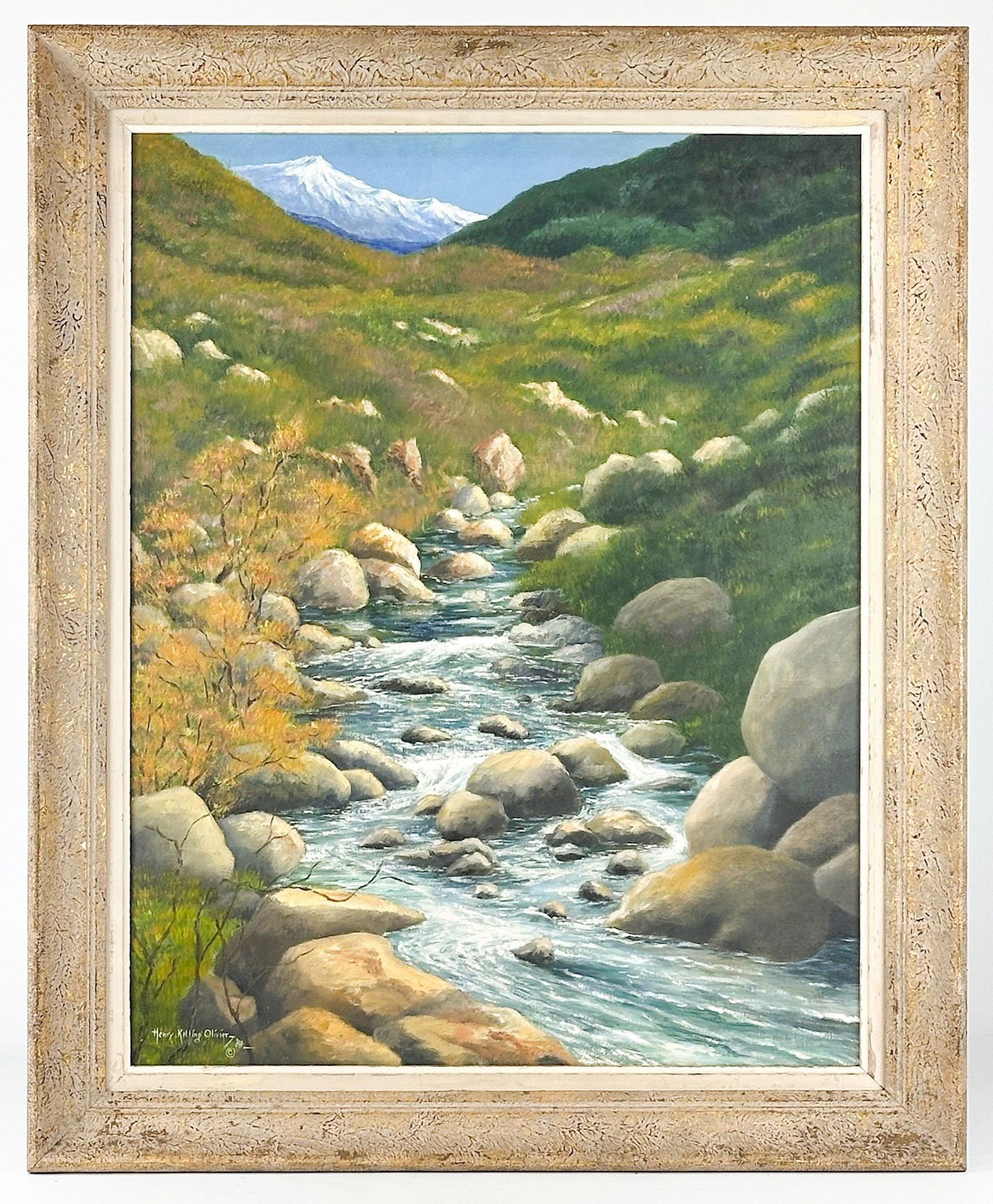 Henry Ketting Olivier (1924-2004) Oil On Canvas Painting, Kings Canyon Sequoia, 1988: Titled "Kings Canyon Sequoia," 1988. California plein air painting. Signed on lower left corner. Framed. Artist business card tape on back.Dimensions: Visible approx. 27.5 in H x 21.5 in W. Frame appr