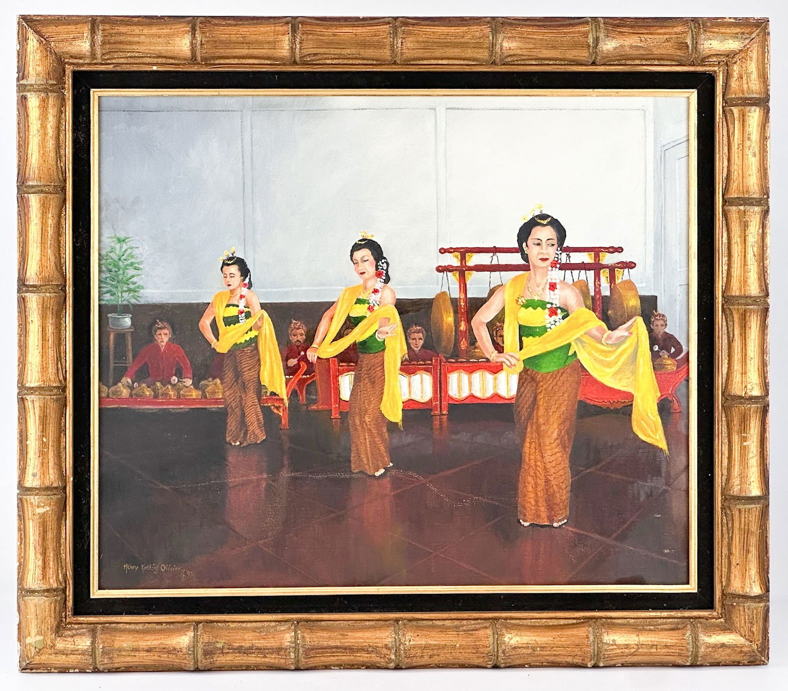 Henry Ketting Olivier (1924-2004) Oil Painting On Canvas, Javanese Palace Dance, 1990: Titled "Javanese Palace Dance," 1990. On gallery label "Kraton Dance Dance in the Sultan's Palace in Jocja (Central Java)." Oil painting on canvas in bamboo motif frame. Signed on lower left corner an
