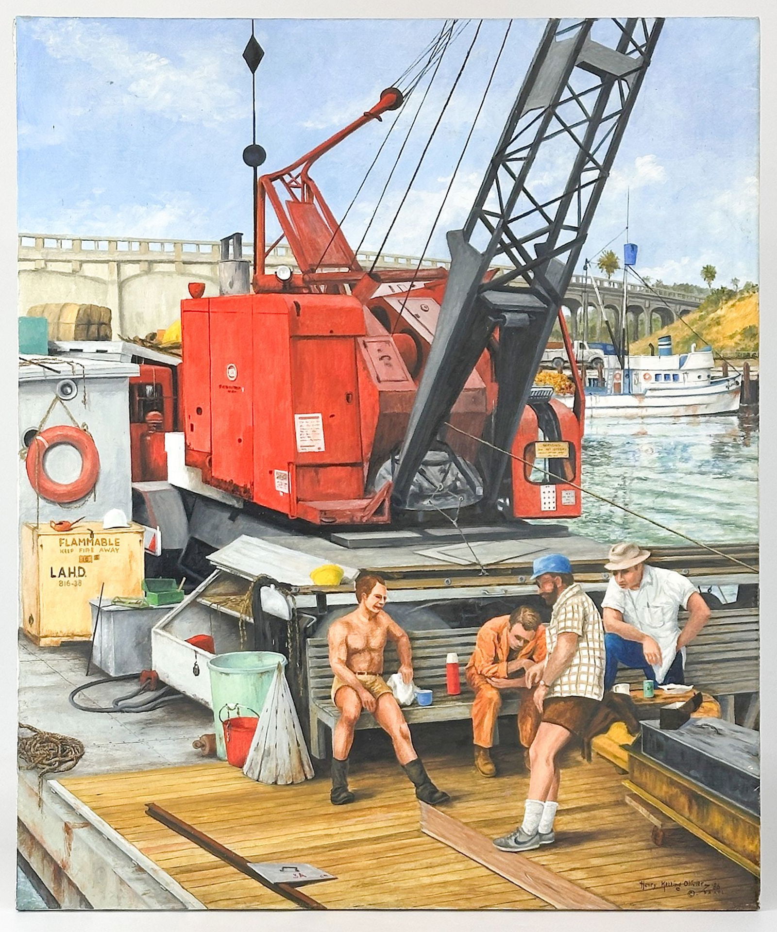 Henry Ketting Olivier (1924-2004) Oil Painting On Canvas, Lunch Break, 1986: Construction site scene titled "Lunch Break," 1986. First place in the Otis Alumni Art Show in 1987. Signed on lower right corner and on back.Dimensions: Painting is approx. 36 in H x 30 in W. Weighs