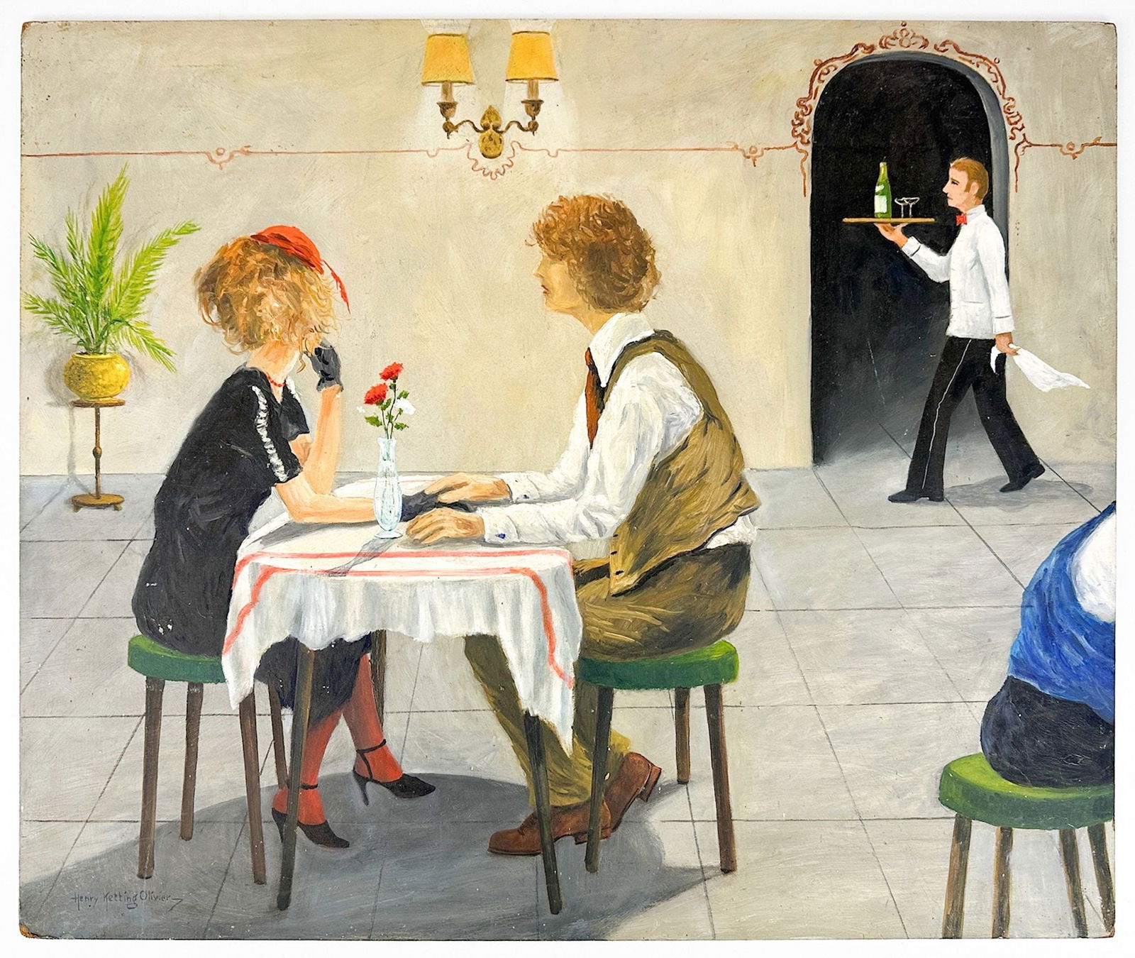Henry Ketting Olivier (1924-2004) Oil Painting On Board, Restaurant Scene: Painting depicts seated couple at restaurant with waiter in background. Unframed. Signed in lower left corner.Dimensions: Painting is approx. 20 in H x 24 in W. Weighs 2 lbs 1 oz.