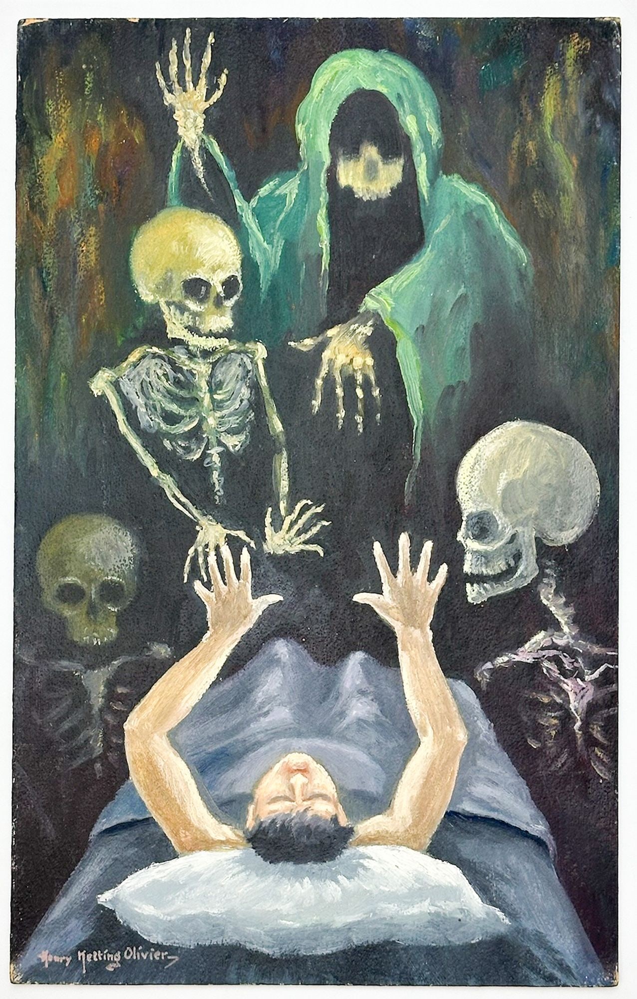 Henry Ketting Olivier (1924-2004) Oil On Board, Nightmare W/ Grim Reaper And Skeltons: Painting on board depicts man in bed surrounded by the grim reaper and skeletons. Signed in lower left corner.Dimensions: Painting is approx. 16 in H x 10 in W. Weighs 1 lb.