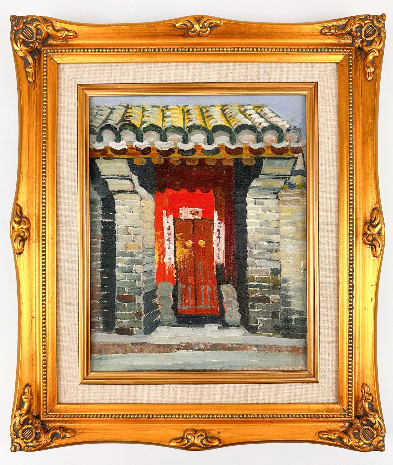 Unknown Artist, Oil On Canvas, Gate Doors: Untitled and unsigned. Depicts exterior doors and walls.Dimensions: Visible image is approximately 9.5 in H x 7.5 in W. Frame is approximately 14.25 in H x 12.25 in W. Weighs approximately 1 lbs.