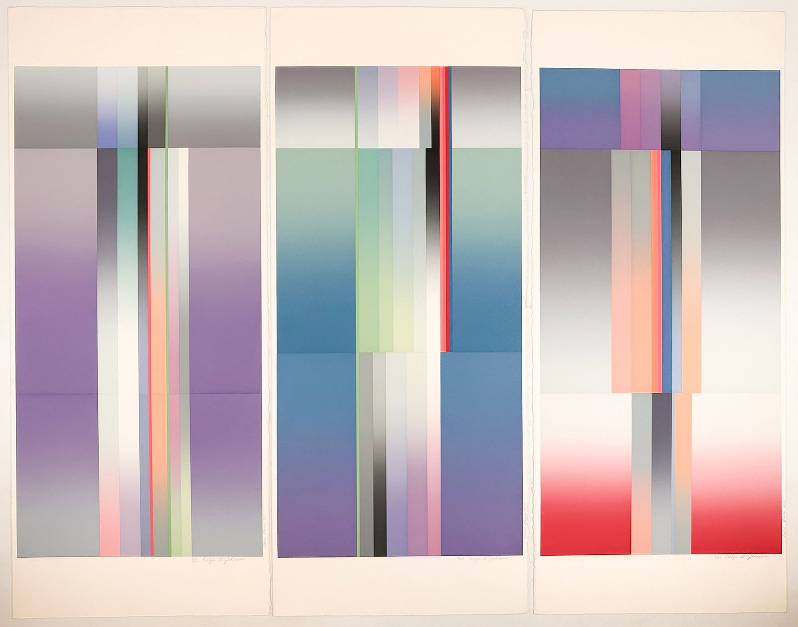 Evelyn B. Johnson (20th Century) Lot of 3 Screenprints from the Doric Game Series: Lot includes three prints from the artist’s Doric Game series. All are signed, titled, and numbered in graphite along the bottom right edge. Each print is approximately 29.75 in H x 12.5 in W. T