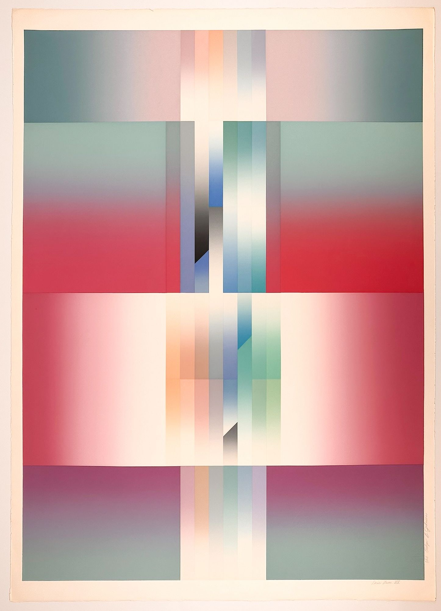 Evelyn B. Johnson (20th Century) Screenprint, Doric Game XIX, Ed. 3/25: Titled Doric Game XIX, edition 3/25. Signed in graphite on the lower right edge. Graphic abstract in pastels and monochrome. Approximately 40.5 in H x 29.5 in W. Weighs approximately 1 lbs.