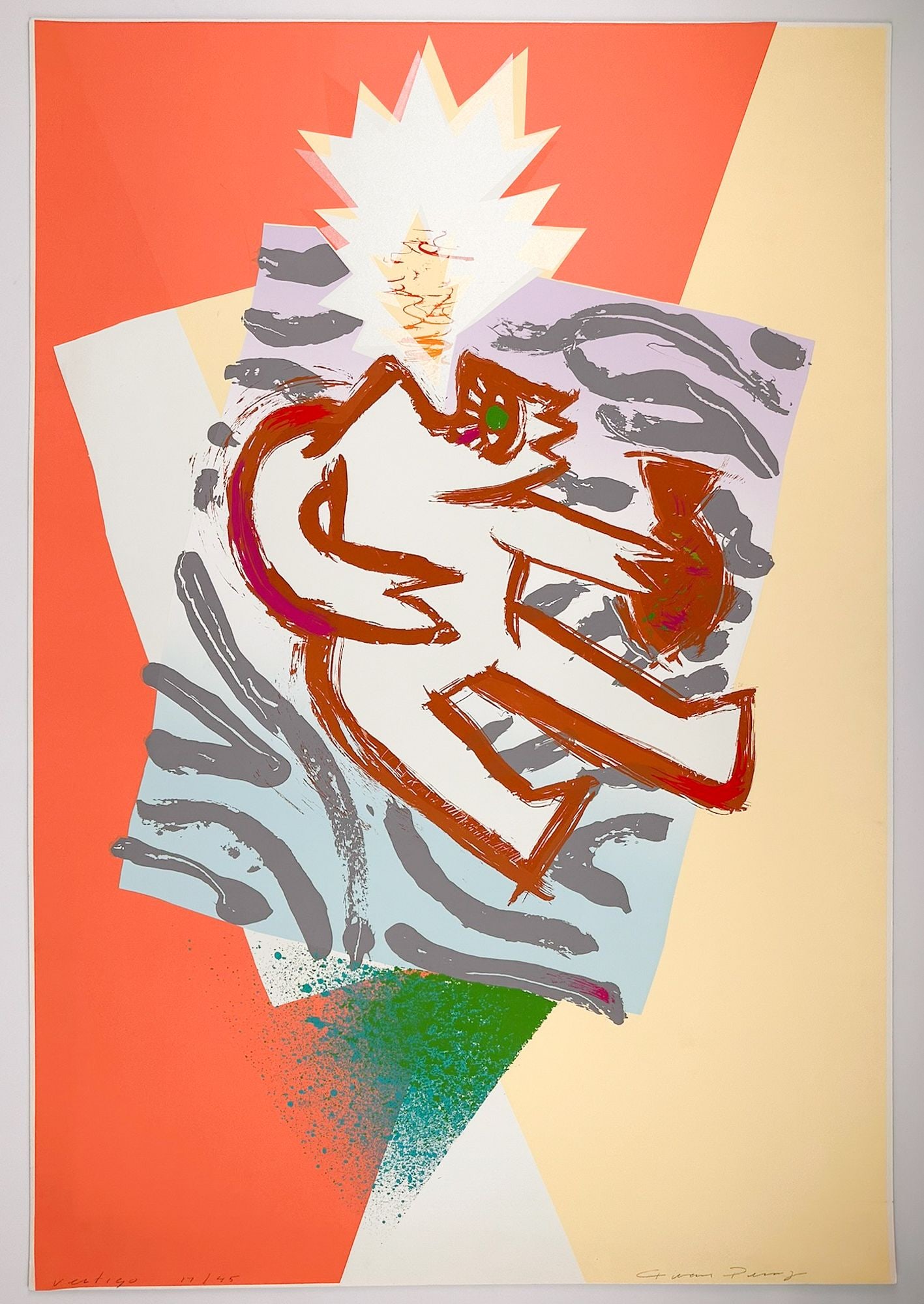 Perez, Signed Screenprint on Paper, Vertigo, Ed. 17/45: Titled Vertigo, edition 17/45. Signed in graphite in the lower right corner. Approximately 38 in H x 26 in W. Total weight is approximately 1 lbs 5 oz.