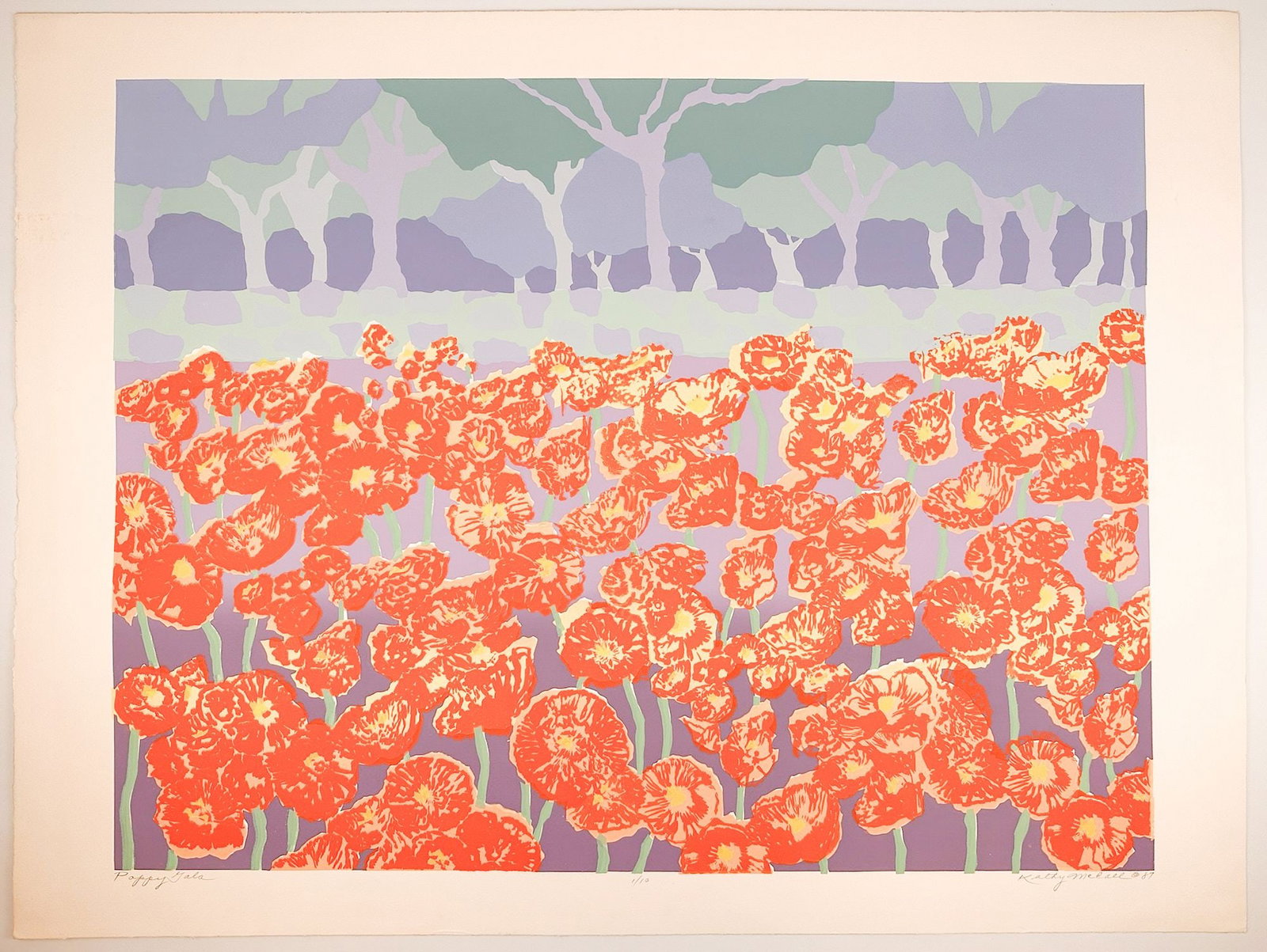 Kathy McCall (20th Century) Screenprint, Poppy Gala, Ed. 1/10, 1987: Titled Poppy Gala, edition 1/10. Signed in graphite in the bottom right corner. Approximately 30.25 in H x 22 in W. Weighs approximately 1 lbs.