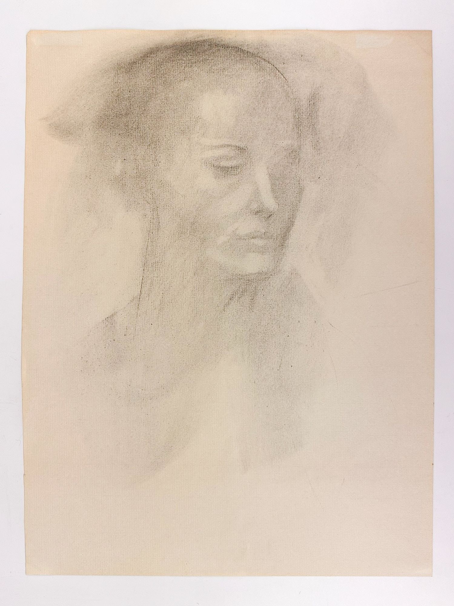 Moni Ehlers, Charcoal On Paper, Head Of A Woman, 1963: Titled Head of a Woman. Unsigned. Depicts a soft portrait. Provenance of Roy M. Kahn, Ph. D. and sold in the presence of the artist, at Cambridge, Massachusetts in 1963. Dimensions: Approximately 18.5