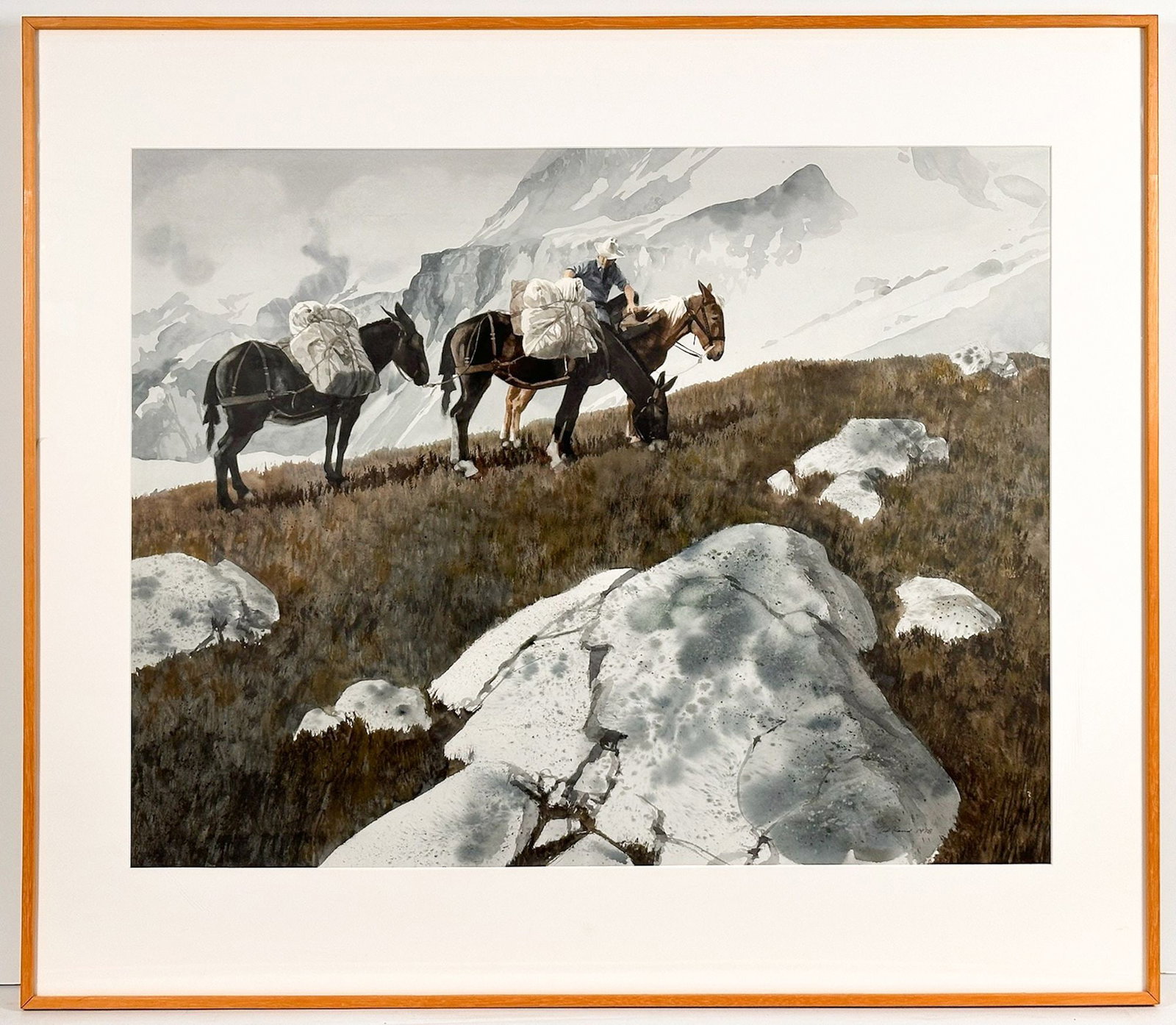 Ted Rand (1915-2005) Framed Watercolor Painting, Rest Stop, 1978, Cowboy: Signed on bottom right corner. Acyrlic frame. Detailed watercolor painting depicting cowboy with mules in mountains. Dimensions: Visible approx. 29.5 in H x 37.5 in W. Frame approx. 40.75 in H x 46.75