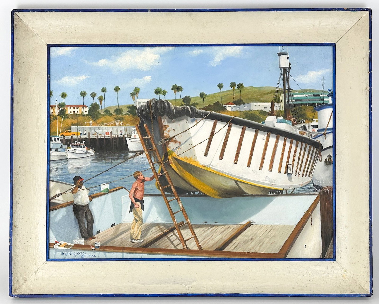 Henry Ketting Olivier (1924-2004) Oil Painting On Canvas, Paint Job, 1979: Port scene titled "Paint Job," 1979. Signed on the lower left and on the back side. Framed. Artist business card taped on back. Dimensions: Visible approx. 21 in H x 27.75 in W. Frame is app