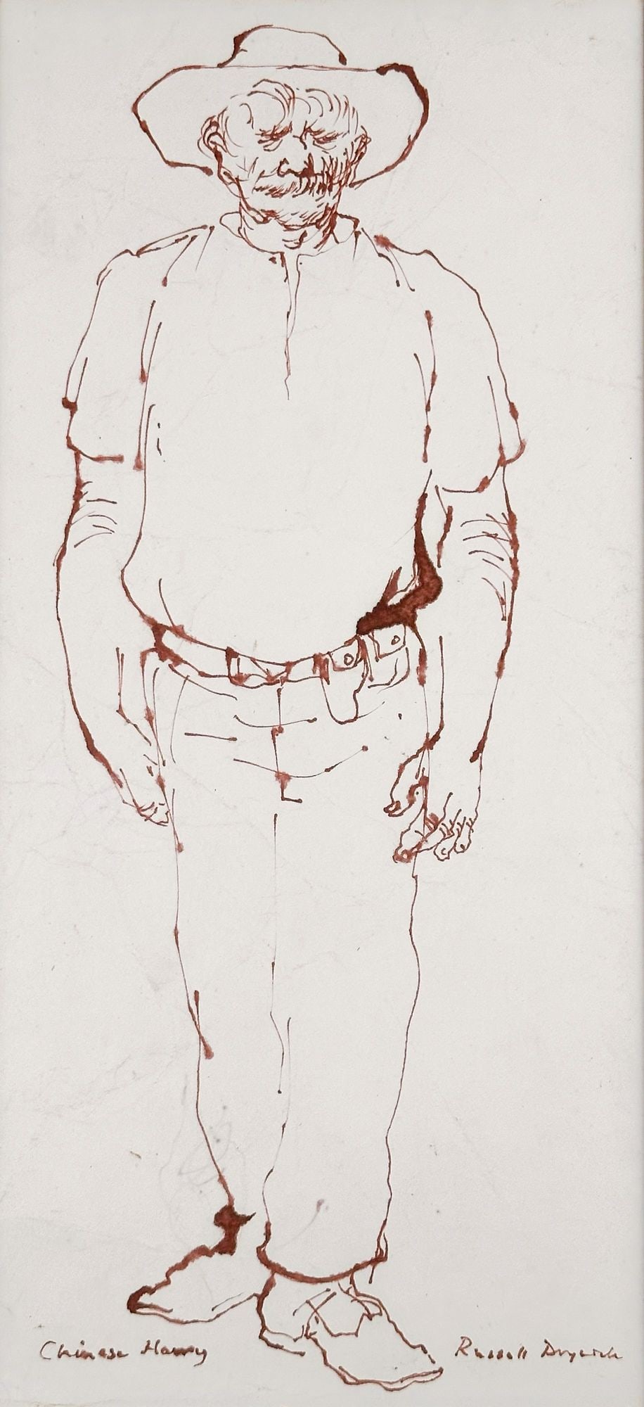 Sir George Russell Drysdale (1912-1981) Ink on Paper, Chinese Harry, 1960: Titled Chinese Harry. Signed in ink in the lower right corner of the print. Depicts a full body portrait of a man in a hat. Visible image is approximately 13 in H x 6 in W. Mat is approximately 22 in