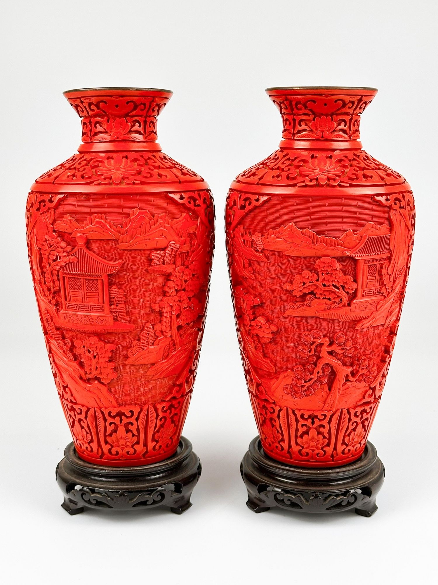 Pair of Chinese Cinnabar Lacquer Vases with Stands (1 of 5)