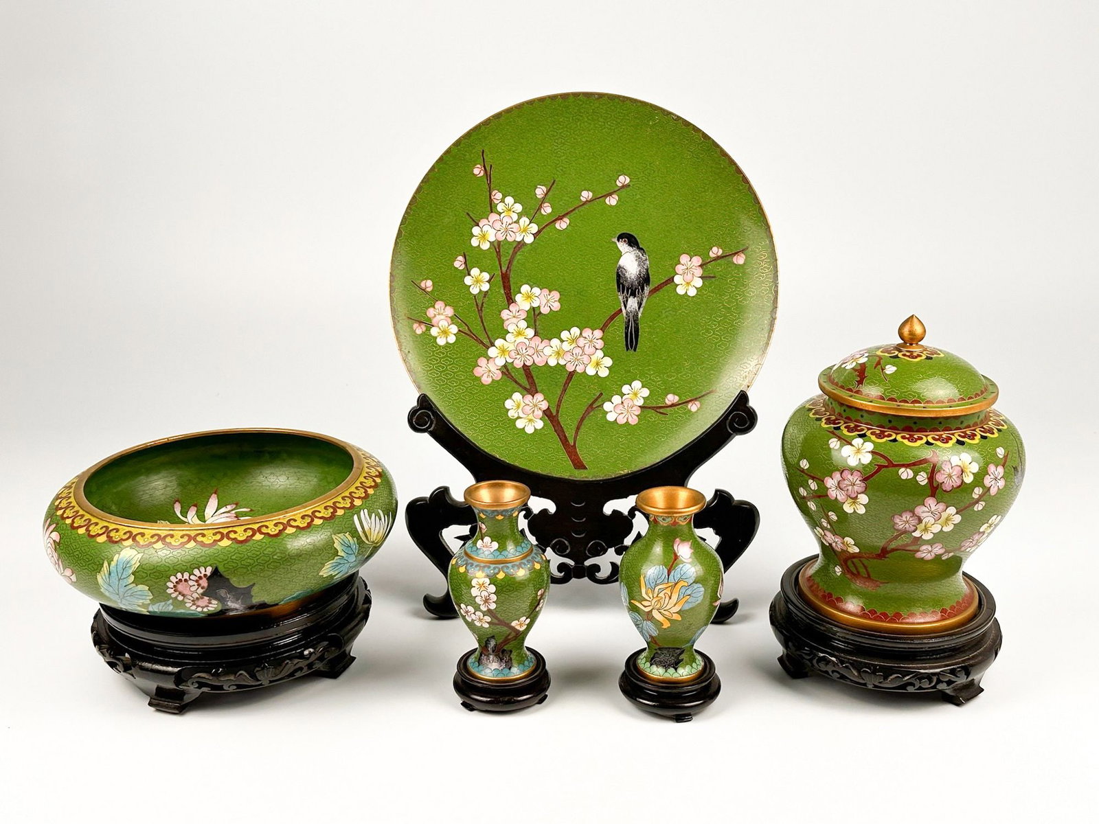 Chinese Cloisonne Enamel Set of Plate, Vases, Bowl & Jar (1 of 5)