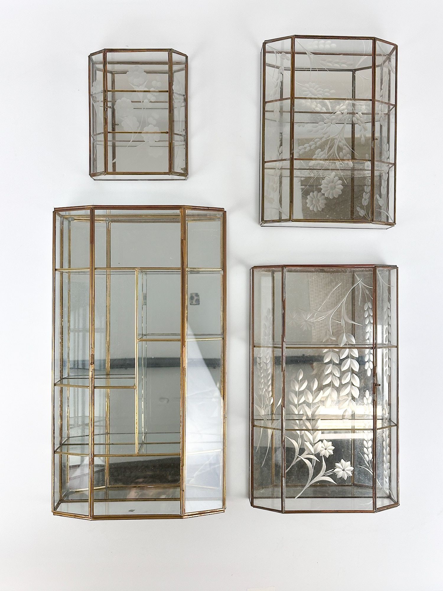 Group of 4 Vintage Brass Glass Curio Wall Display Cabinets (1 of 6)