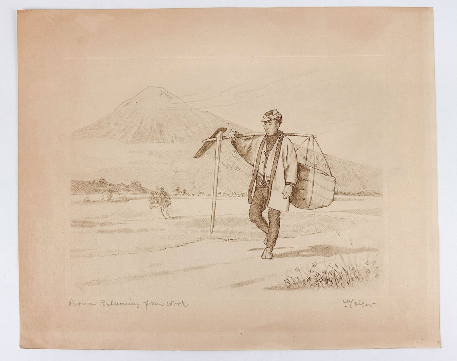 Willy Seiler (1903-1997) Etching On Paper, Farmer Returning From Work, Ed 10/250: Titled Farmer Returning from Work, edition 10/250. Signed in graphite in the lower right corner. Depicts a rural Japanese farmer walking through the countryside with Mount Fuji in the background. Dime