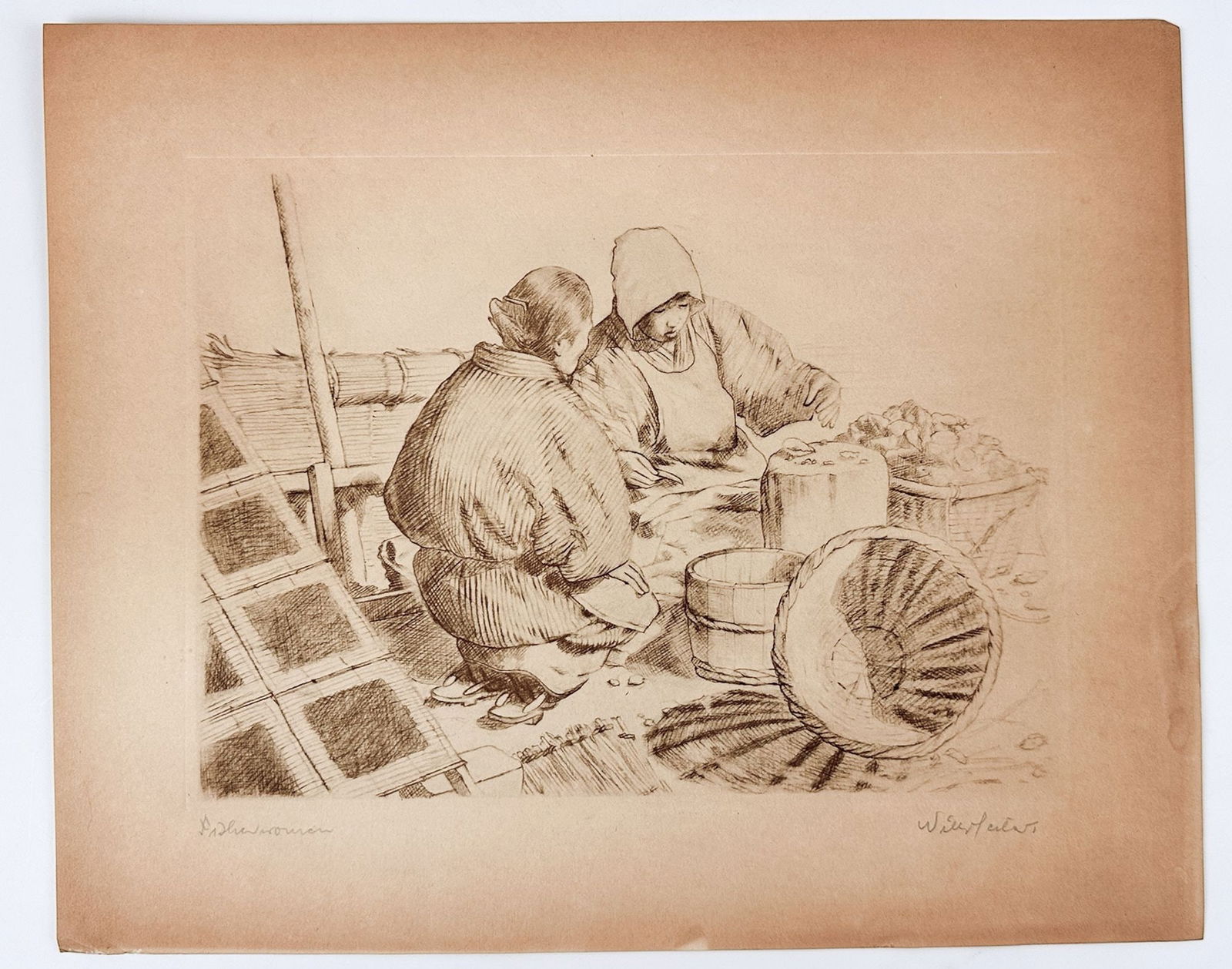Willy Seiler (1903-1997) Etching On Paper, Fisherwomen, Ed 1/200: Titled Fisherwomen, edition 1/200. Signed in graphite in the lower right corner. Depicts two fisherwomen on a vessel. Dimensions: Approximately 12.5 in H x 15.25 in W. Weighs approximately 1 lbs.