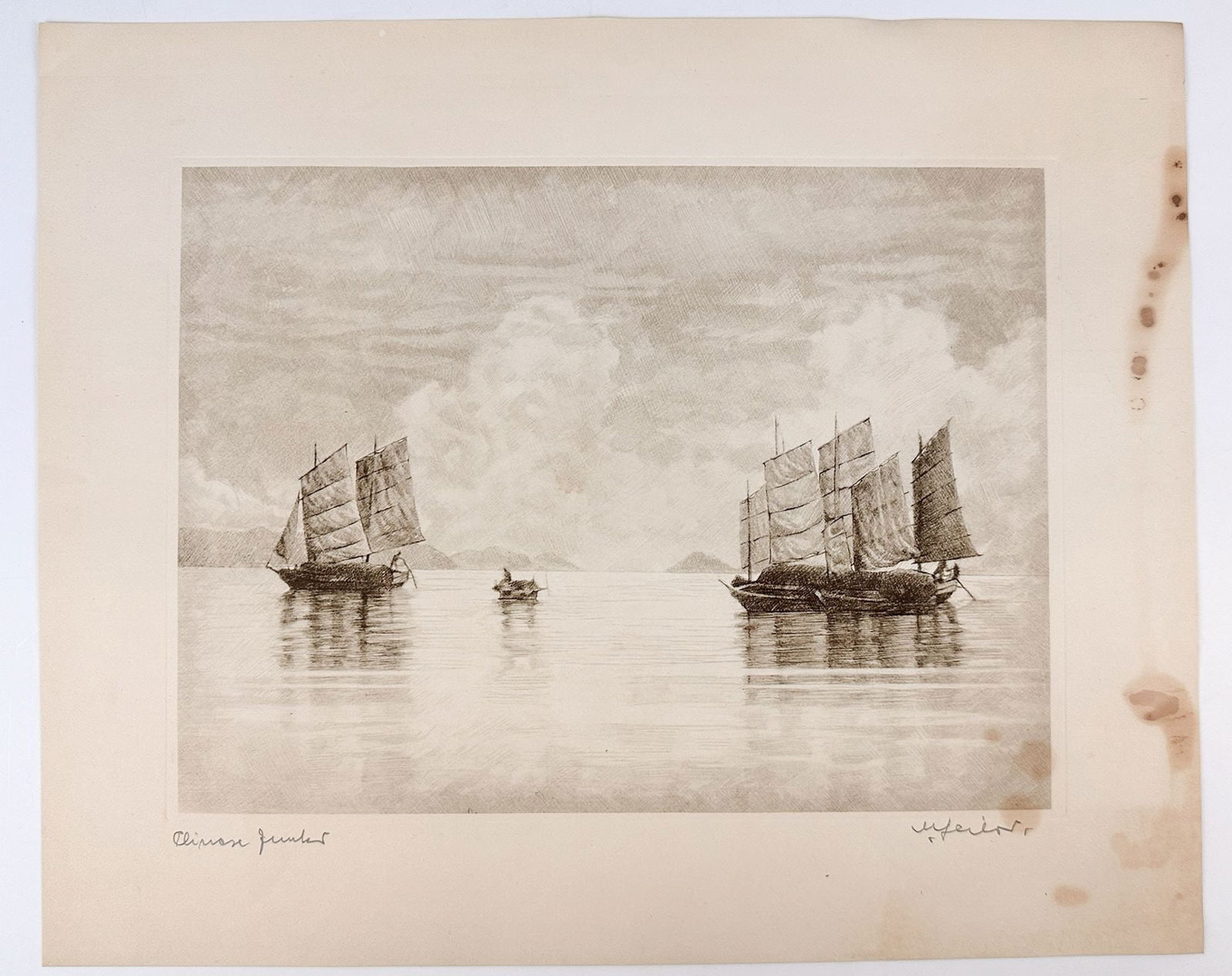 Willy Seiler (1903-1997) Etching On Paper, Chinese Junks, Ed 31/250: Titled Chinese Junks, edition 31/250. Signed in graphite in the lower right corner. Stamps on the backside. Depicts a two Chinese junks on the sea. Dimensions: Approximately 12.5 in H x 15.25 in W. We