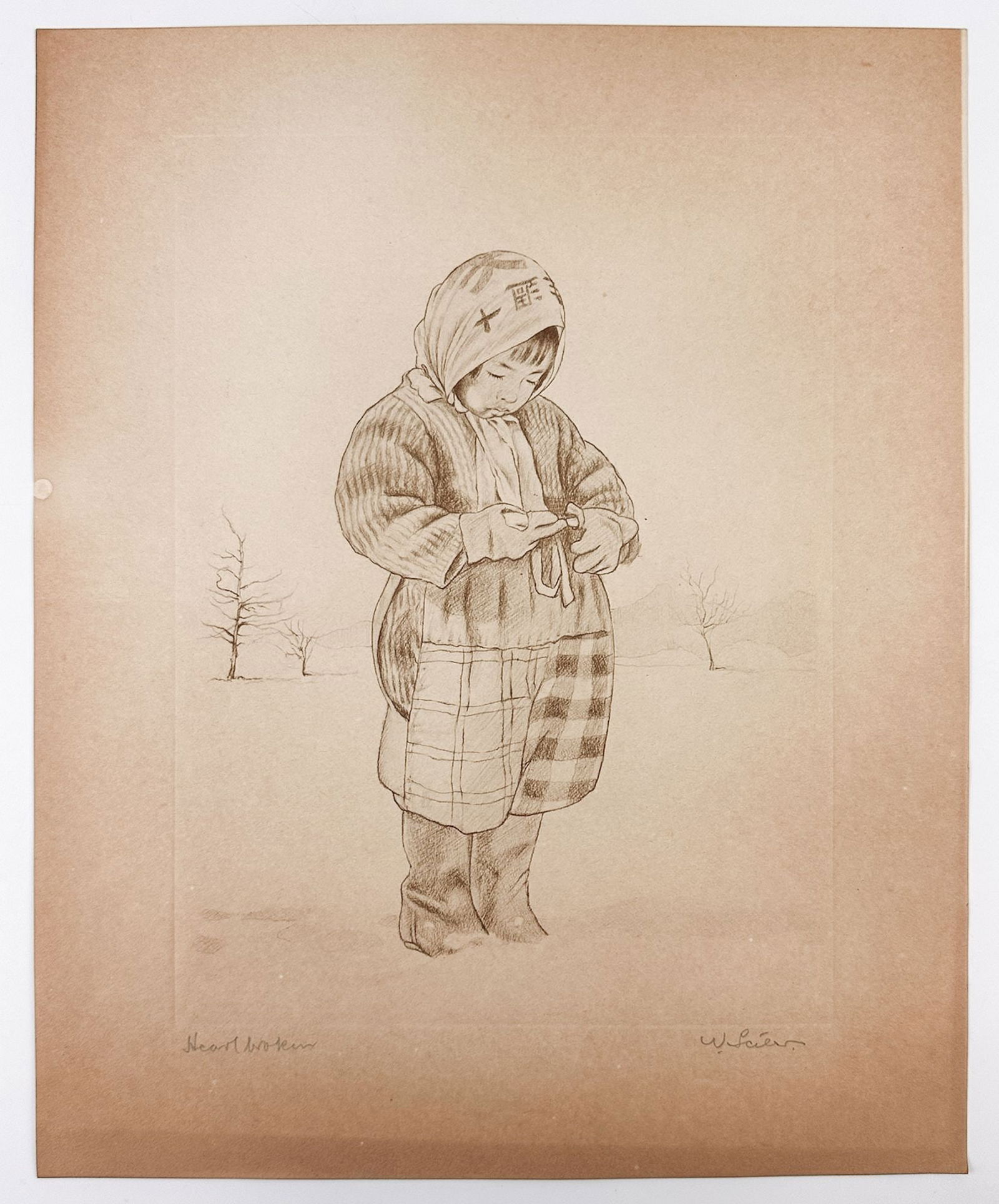 Willy Seiler (1903-1997) Etching On Paper, Heartbroken, Ed 8/250: Titled Heartbroken, edition 8/250. Signed in graphite in the lower right corner. Depicts a portrait of a young child in snow. Dimensions: Approximately 15.25 in H x 12.5 in W. Weighs approximately 1 l
