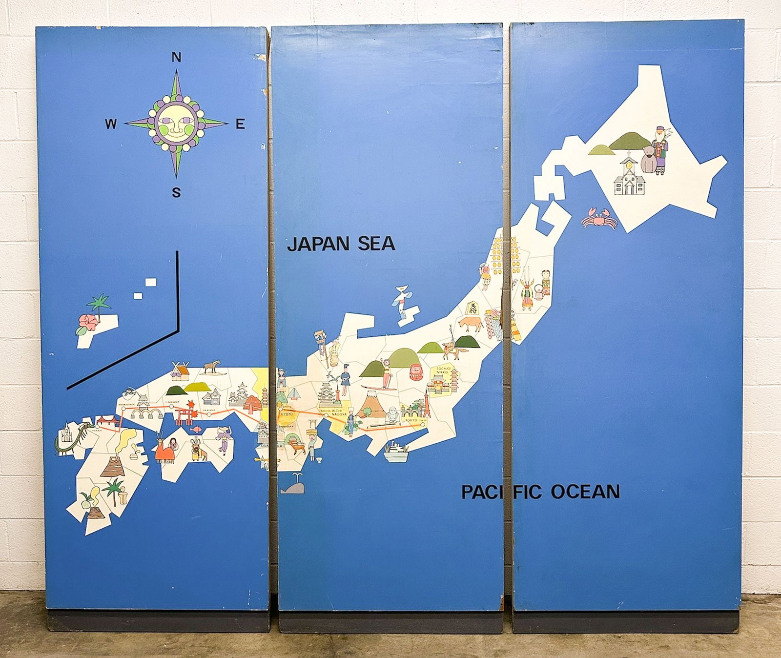 Large 3 Panel Hand Painted Midcentury Pictorial Map of Japan: Gigantic 3 panel map of Japan w/ illustrations. Dimensions: 3 panels together are 95 in H x 106.5 in W x 2 in D. Individual panel is 35.5 in W.