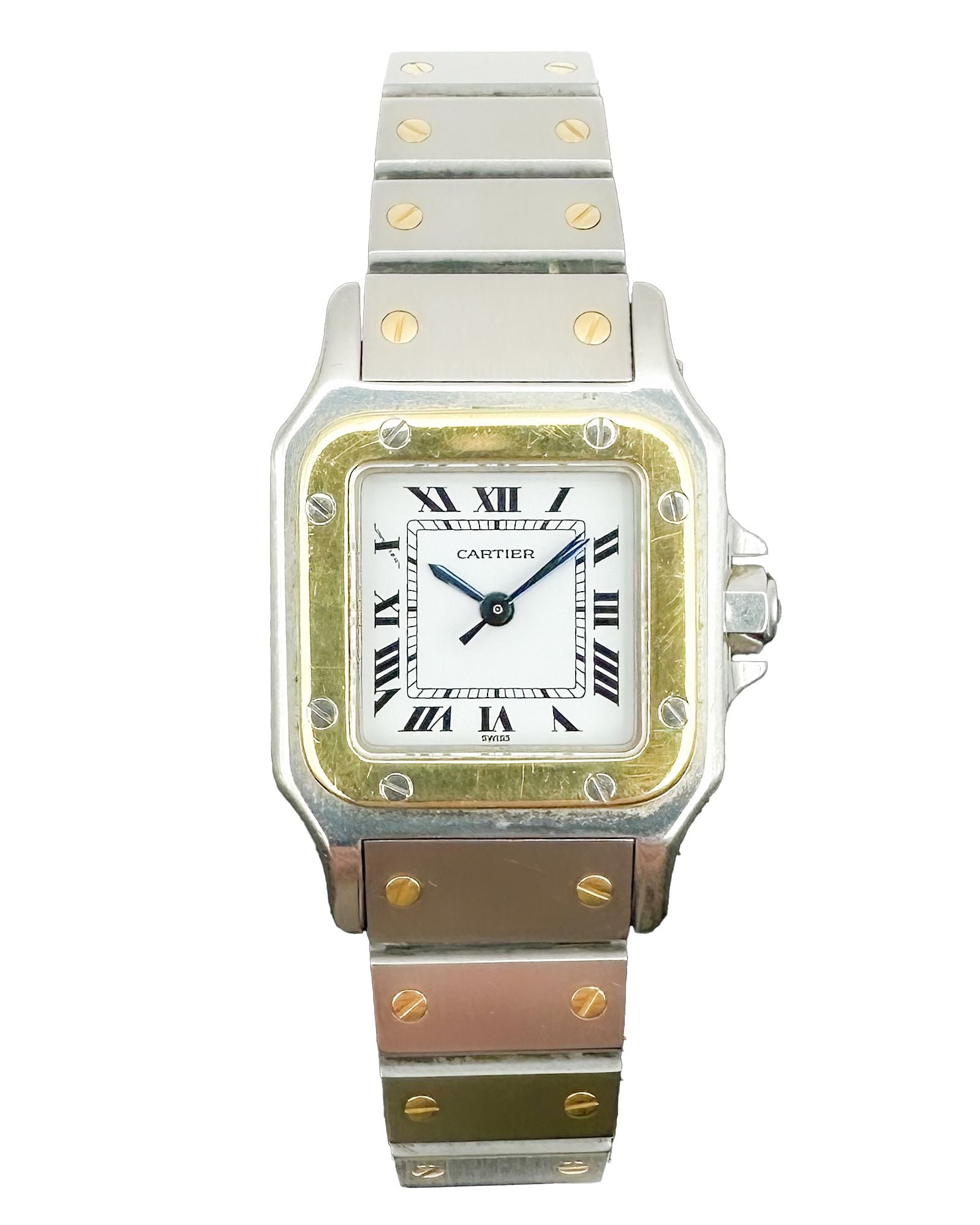 Cartier Santos Galbee Ladies Watch, Stainless Steel & 18K Yellow Gold Two-Tone: Cartier Santos Galbee ladies watch in stainless steel and 18K yellow gold featuring classic white dial with black Roman numeral hour markers, railroad track minute markers, and blued steel sword hands