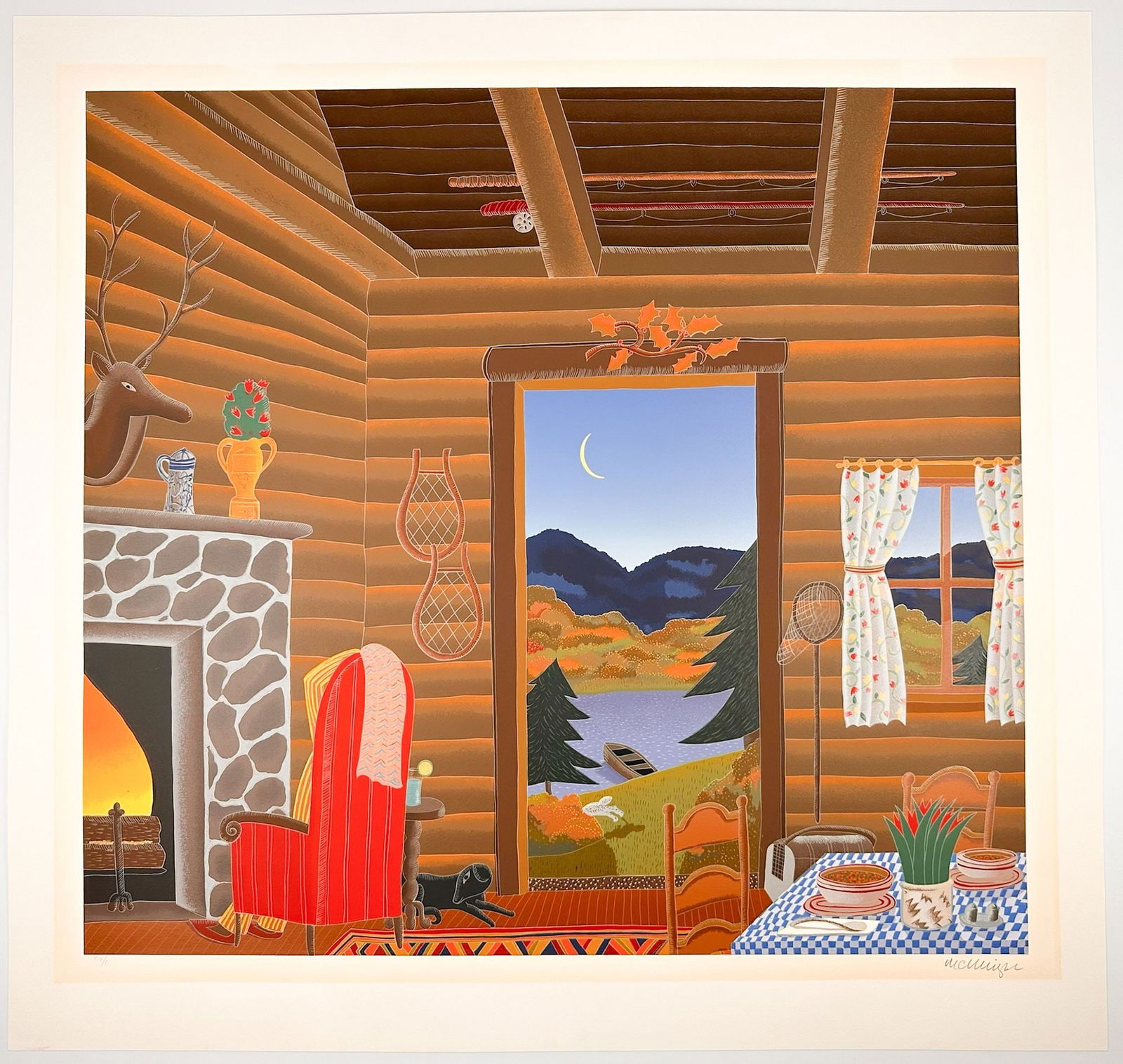 Thomas McKnight (b. 1941) Serigraph Print, Log Cabin, Ed. 19/100, 1985: Titled Log Cabin, edition 19/100. Pencil signed in the lower right corner of the print. Depicts a scene from the inside of a log cabin looking out onto a lake. Approximately 31 in H x 32.5 in W. Total