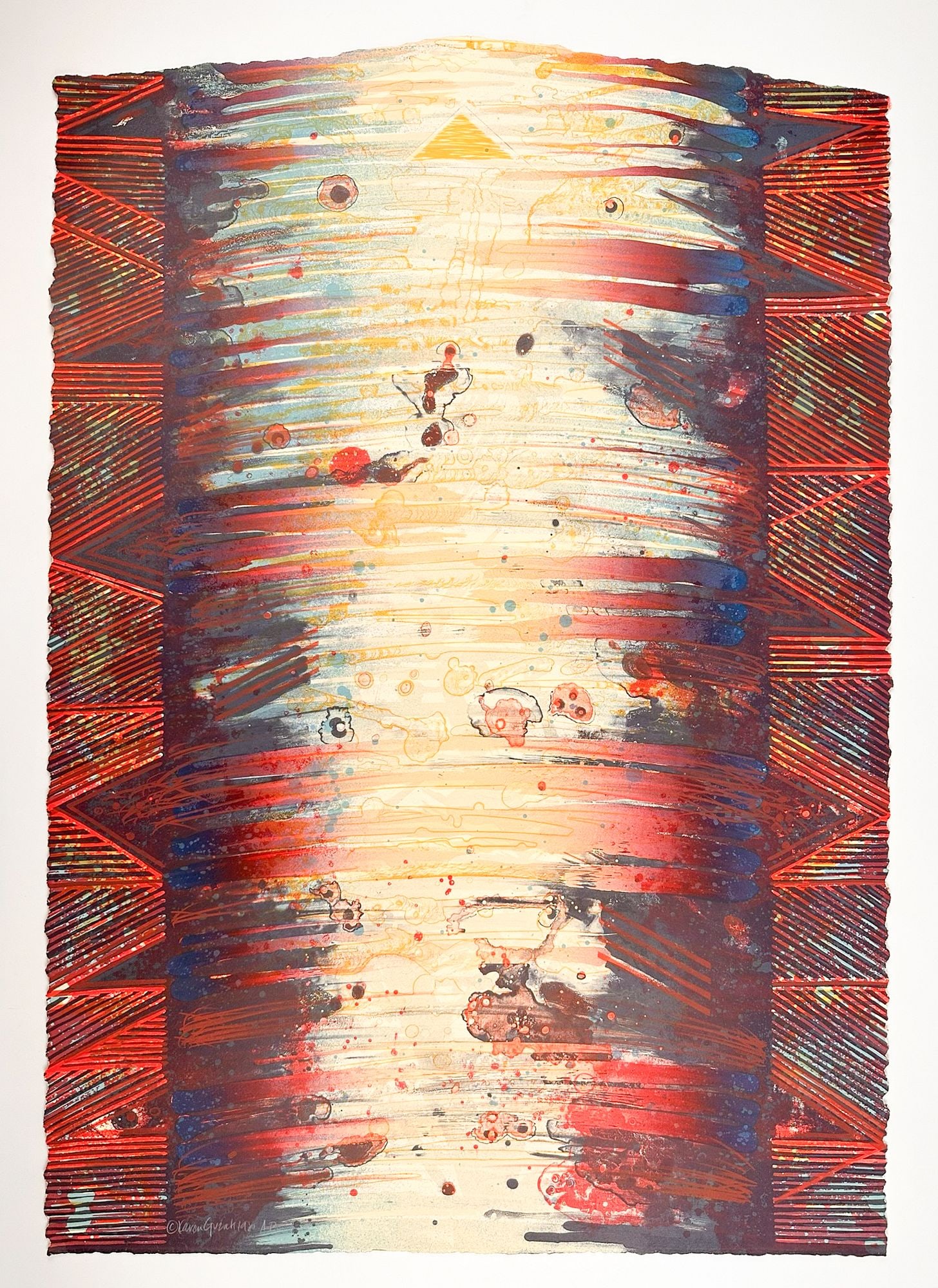 Karen Guzak (b. 1939) Lithograph, Eye of the Storm, Artists Proof: Titled Eye of the Storm, artists proof (left). Pencil signed in the lower left corner of the print. Depicts an abstract work with converging lines in earth tones. Approximately 37.75 in H x 28 in W. T