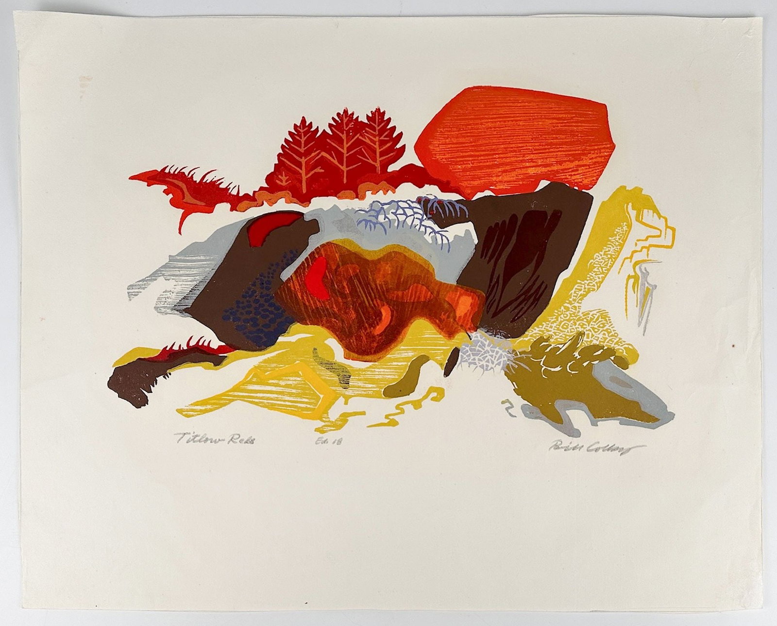 Bill Colby (1927-2019) Serigraph Screenprint, Titlow Reds: Tacoma based artist and professor. Includes printed out bio and business card. Signed on lower right corner. Titled on lower left corner. Dimensions: Print is approx. 15 in H x 19 in W. Weighs 1 lb.