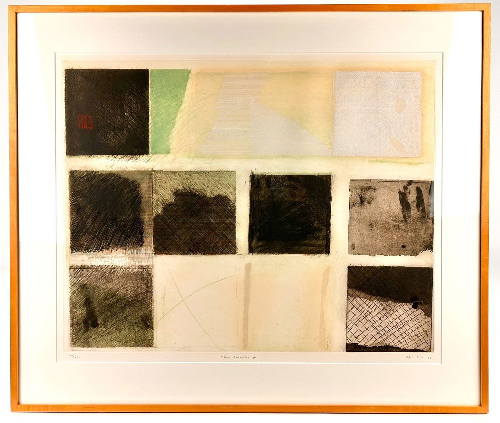 Alan Green (1932-2003) Framed Intaglio on Paper, Three Variations A, Ed. 16/42: Titled Three Variations A, edition 16/42. Pencil signed on the bottom right. Depicts an expressive rendering with three rows of textured blocks. Visible image is approximately 22.75 in H x 28.25 in W.