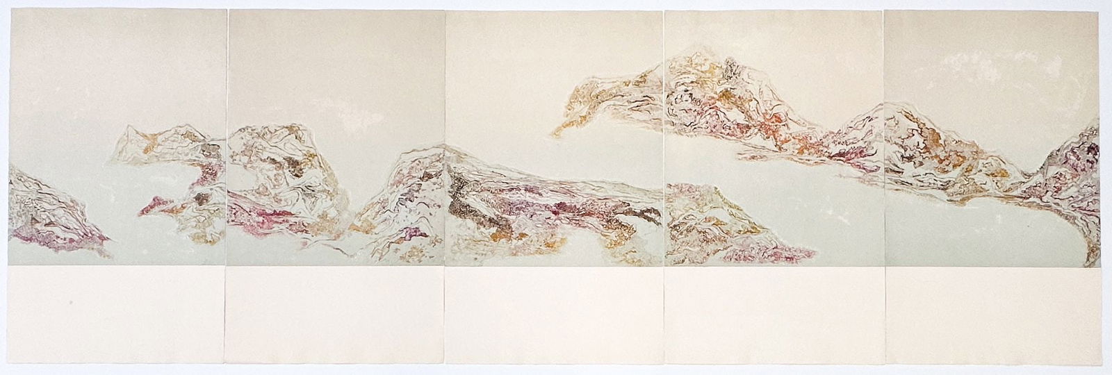 Kahn Signed Lithograph, Winter Mountains Series, Ed. 34/50: 5 panel piece of art that depicts abstract mountain range. Each has title and number on back. Panel on left is signed by artist. Each panel has embossed texture and artist insignia. Dimensions: Each p