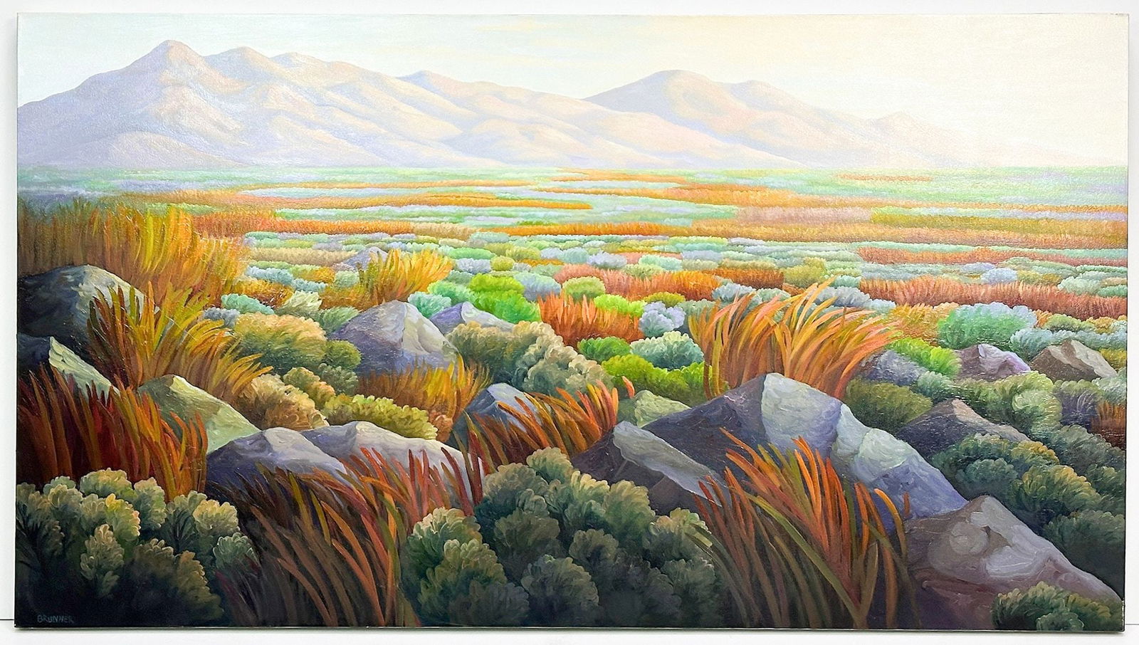 Phoebe Brunner (b. 1951) Oil on Canvas, Honey From A Weed, 1997: Desert landscape painting. Signed on lower left corner and back. Label on back. Dimensions: Painting is approx. 40.25 in H x 72.25 in W x 1.5 in D. Weighs 14 lbs.