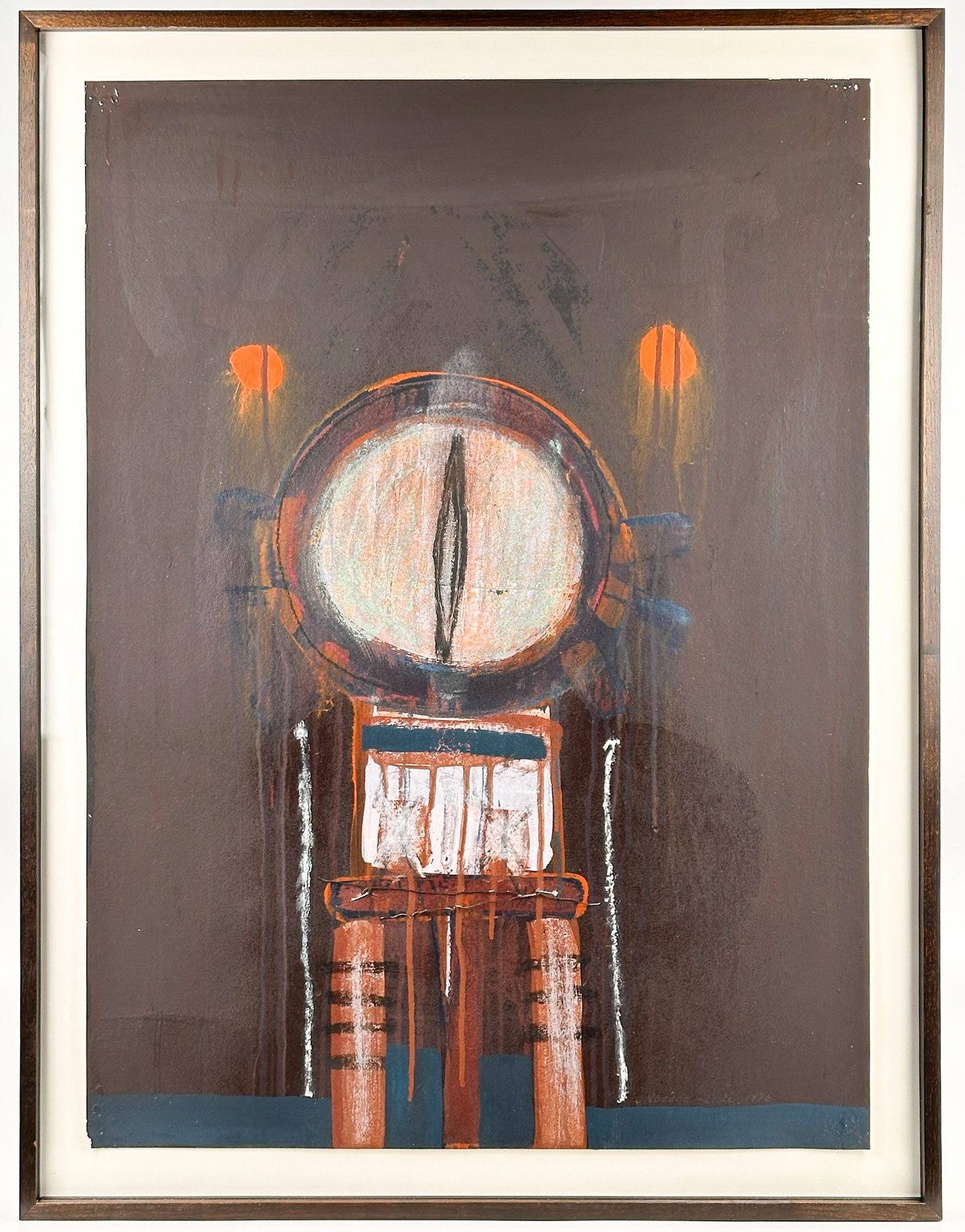 Judy Cooke (b. 1940) Mixed Media on Paper, Voodoo, 1976: Titled Voodoo. Pencil signed on the bottom right. Depicts an expressive abstract rendering in deep earth tones. Visible image is approximately 30 in H x 22 in W. Frame is approximately 33.75 in H x 25