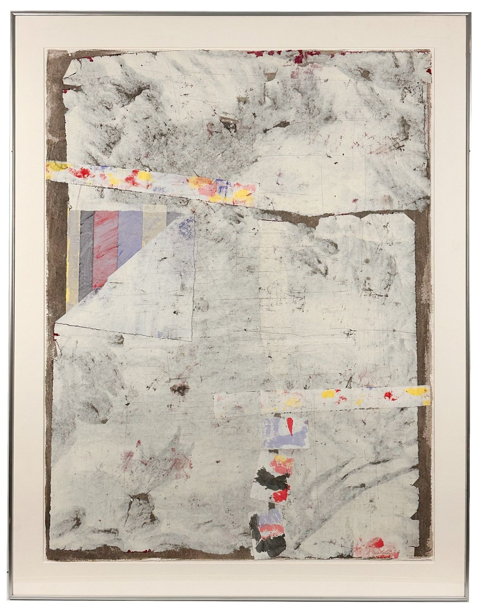 George Joji Miyasaki (1935-2013) Mixed Media Abstract Painting on Paper, 1980: Dimension: Visible approx. 42.5 in H x 32.5 in W. Frame approx. 49 in H x 38.5 in W. Weighs 21 lbs 12 oz.