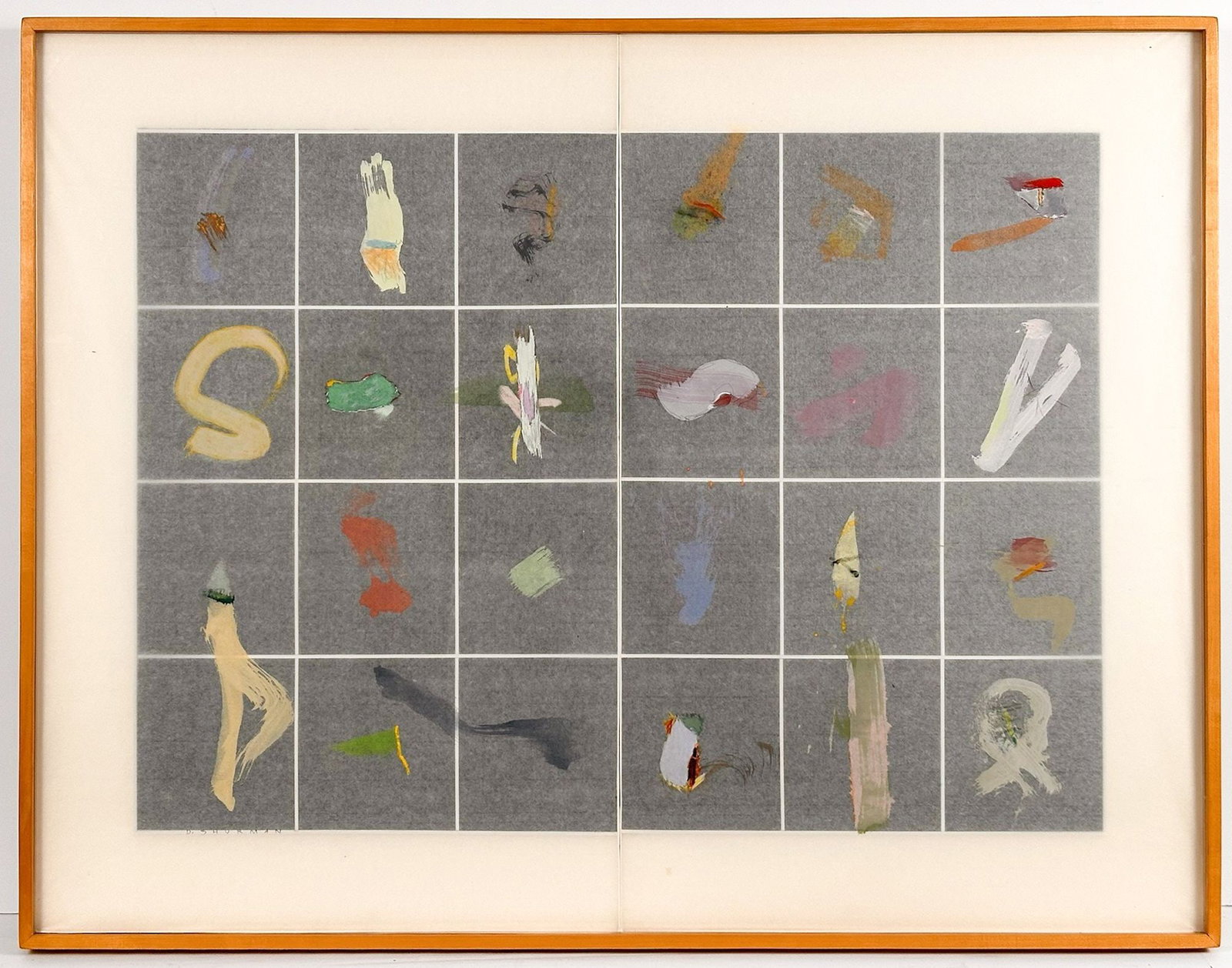 Dan Shurman (20th Century) Framed Mixed Media Painting on Paper, Second Tone: Titled Second Tone. Several blocks with different abstracts within each one. Label on back. Signed in lower left. 2 panels inside frame. Visible approx. 26 in H x 36 in W. Frame approx. 35 in H x 45 i