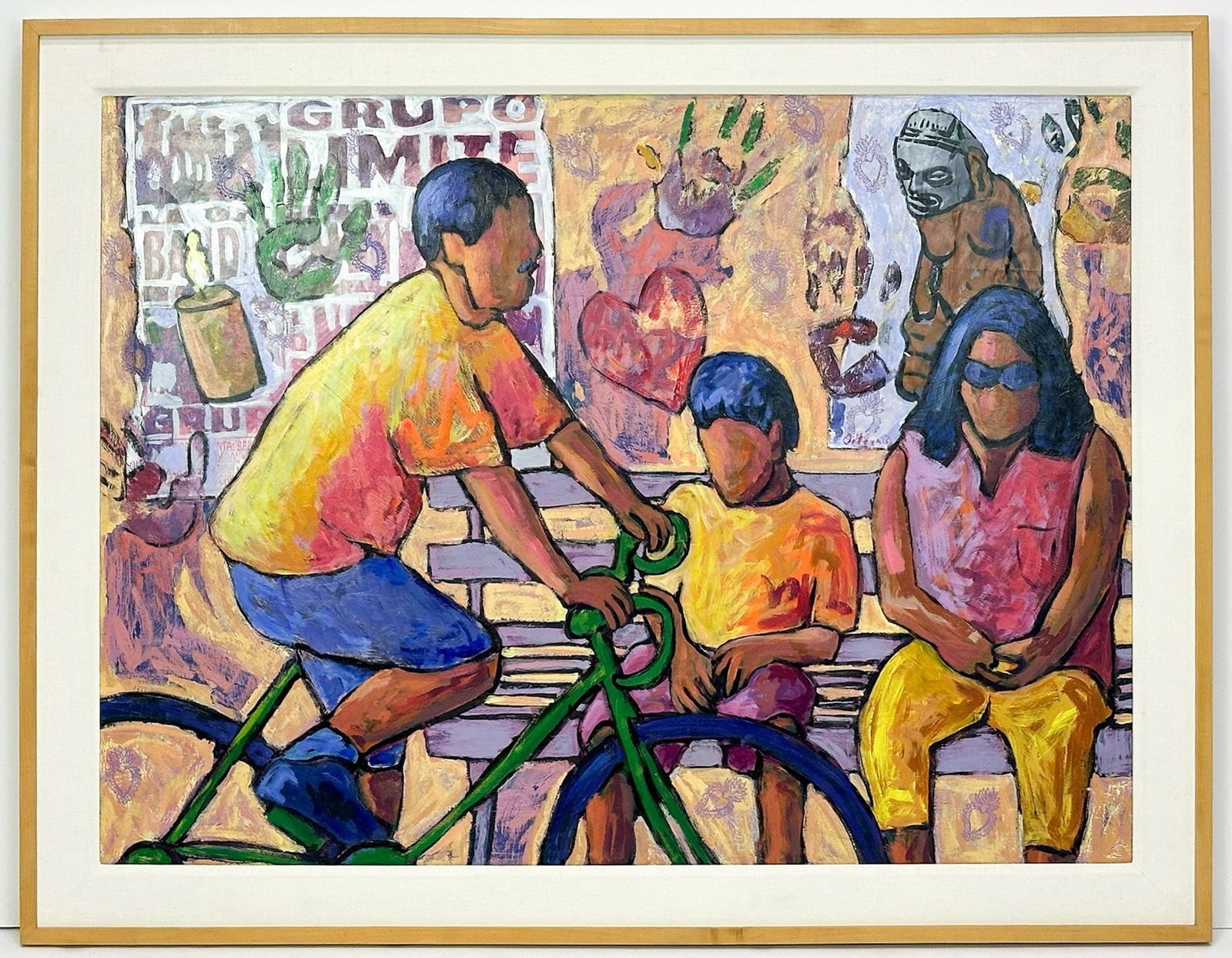 Tony Ortega (b. 1958) Acrylic/Collage on Masonite, La Vala: Titled La Vala, Las Manos y las Gotas de Corazones. Acrylic painting embellished with stamps. Signed on back of board. Approx. dimensions: Visible 35.5 in H x 47.5 in W. Frame 42.75 in H x 54.75