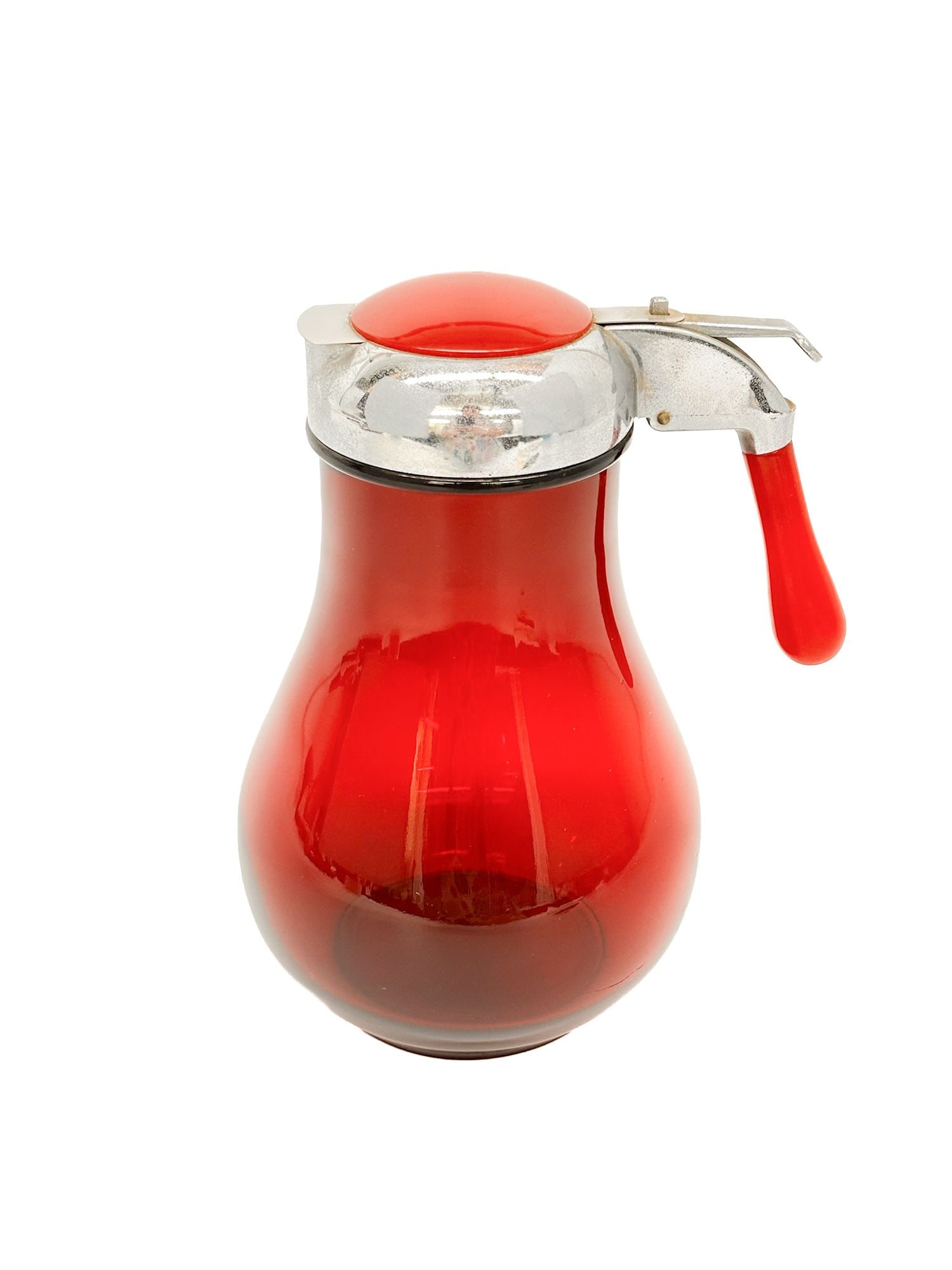 Antique Ruby Red Glass Syrup/Batter Pitcher: Pitcher is made of a glass body, acrylic handle, and chrome lid. No markings. Approximately 8.75 in H x 7.25 in W x 5.25 in D. Weighs approximately 2 lbs 4 oz.