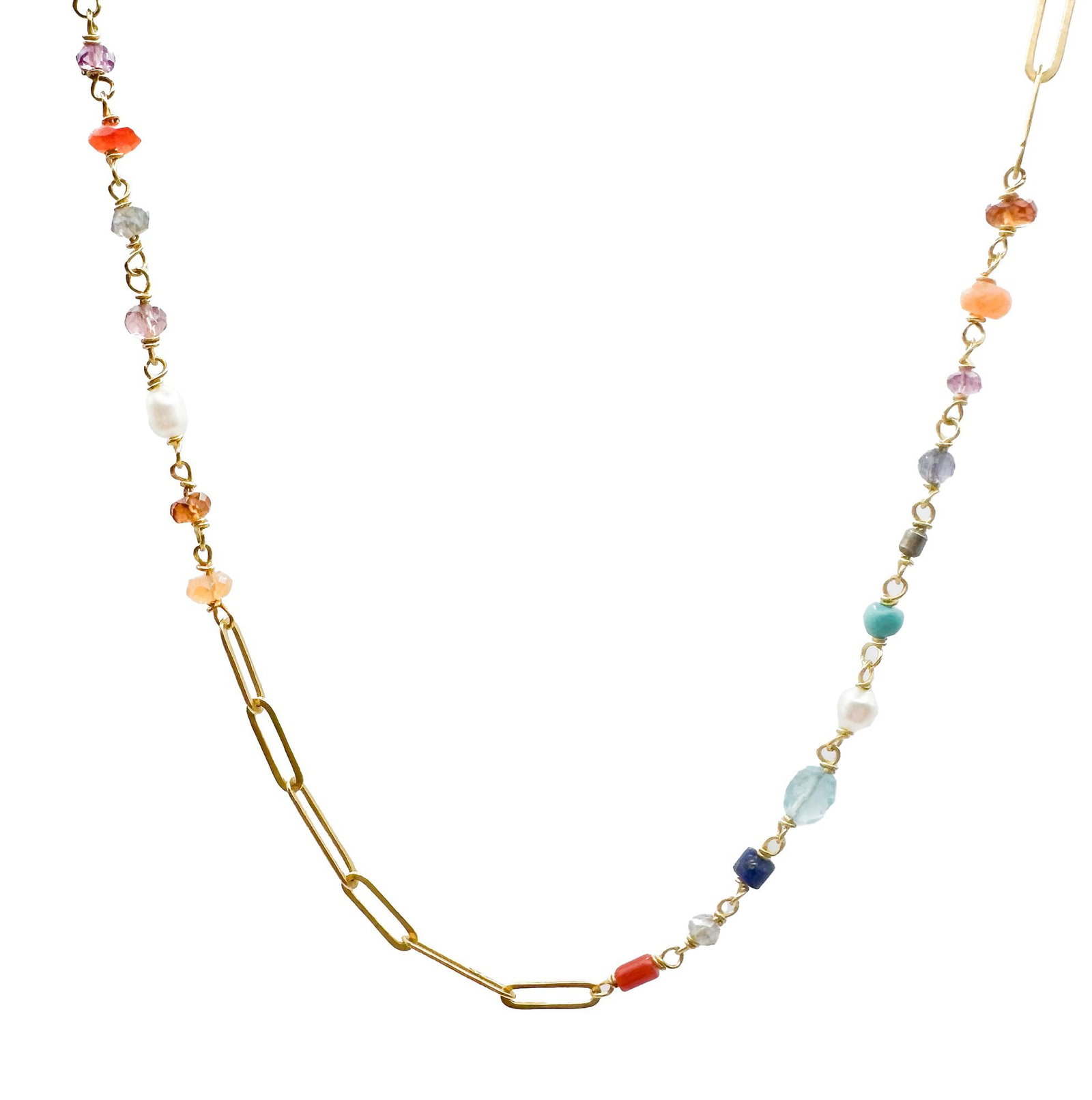 22K Gold Paperclip Link and Multi Gemstone Necklace: 22K yellow gold paperclip link necklace featuring multi-gemstones and pearls. Clasp marked 18K. 18 inches long, 6.4 grams total weight.