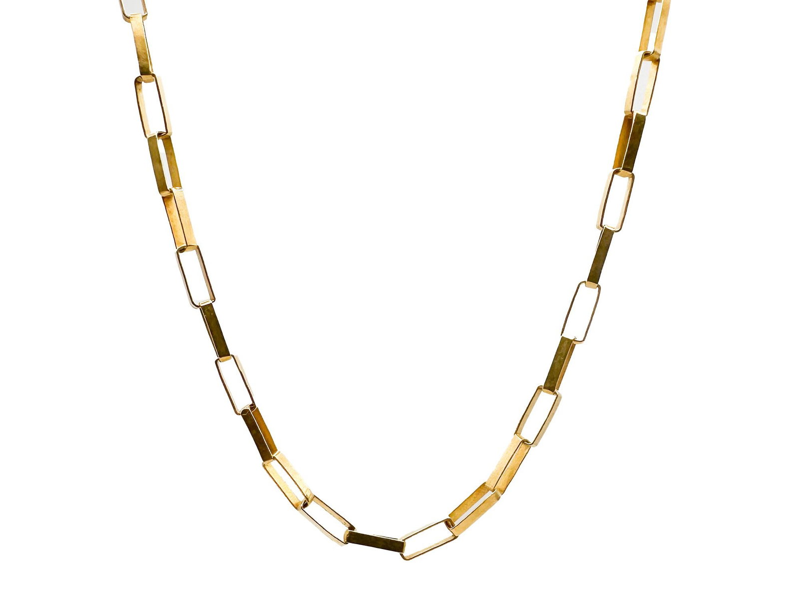 14K Gold Paperclip Link Necklace: 14K yellow gold necklace featuring a paperclip link design. The necklace is 17 inches long and weighs 11.7 grams. Please note the clasp is not gold.