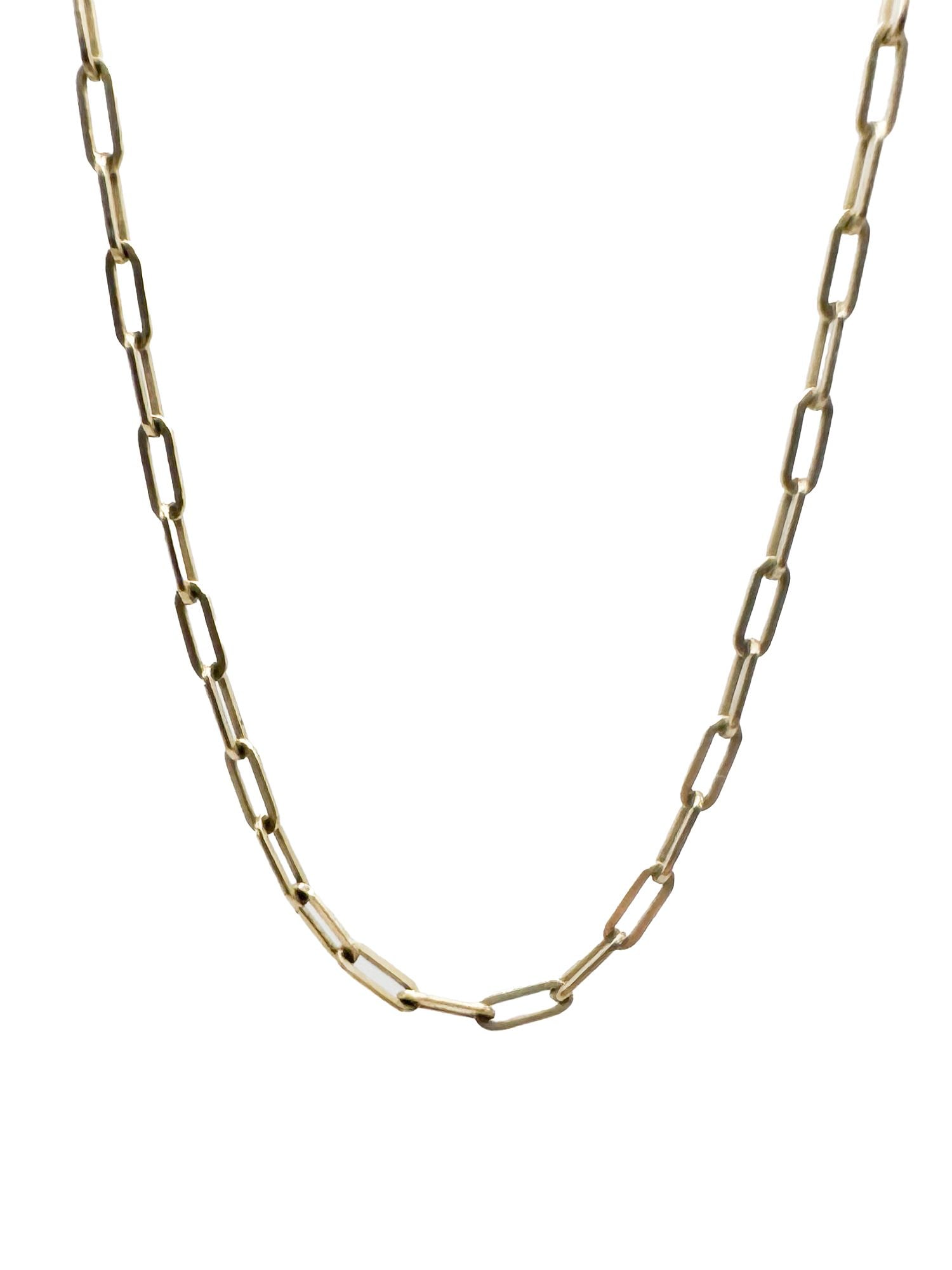 14K Gold Small Paperclip Link Choker Necklace: 14K yellow gold necklace featuring a paperclip link design. Measures 15 inches in length and weighs 4.6 grams.