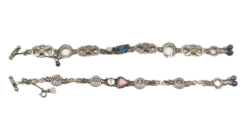 Lot of 2 Silver Victorian Revival Bracelets with Mixed Gemstones and T-Bar Clasp