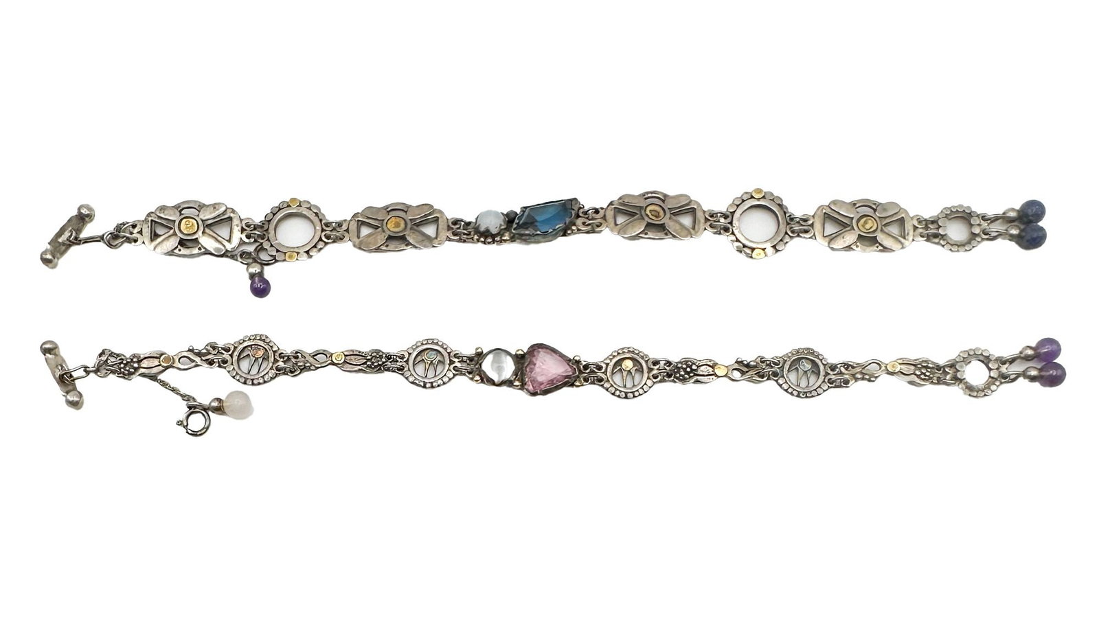 Lot of 2 Silver Victorian Revival Bracelets with Mixed Gemstones and T-Bar Clasp (1 of 4)