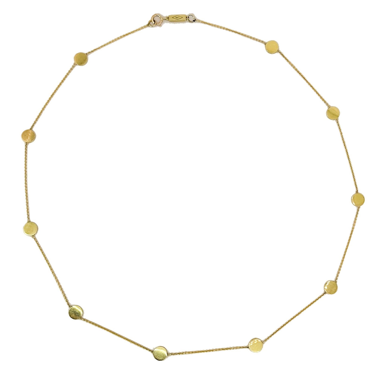 Jennifer Meyer 14K Yellow Gold Disc Station Necklace: Jennifer Meyer 14K yellow gold necklace featuring evenly spaced disc stations along a fine chain. Measures 16 inches in length and weighs 3.9 grams. Signed.