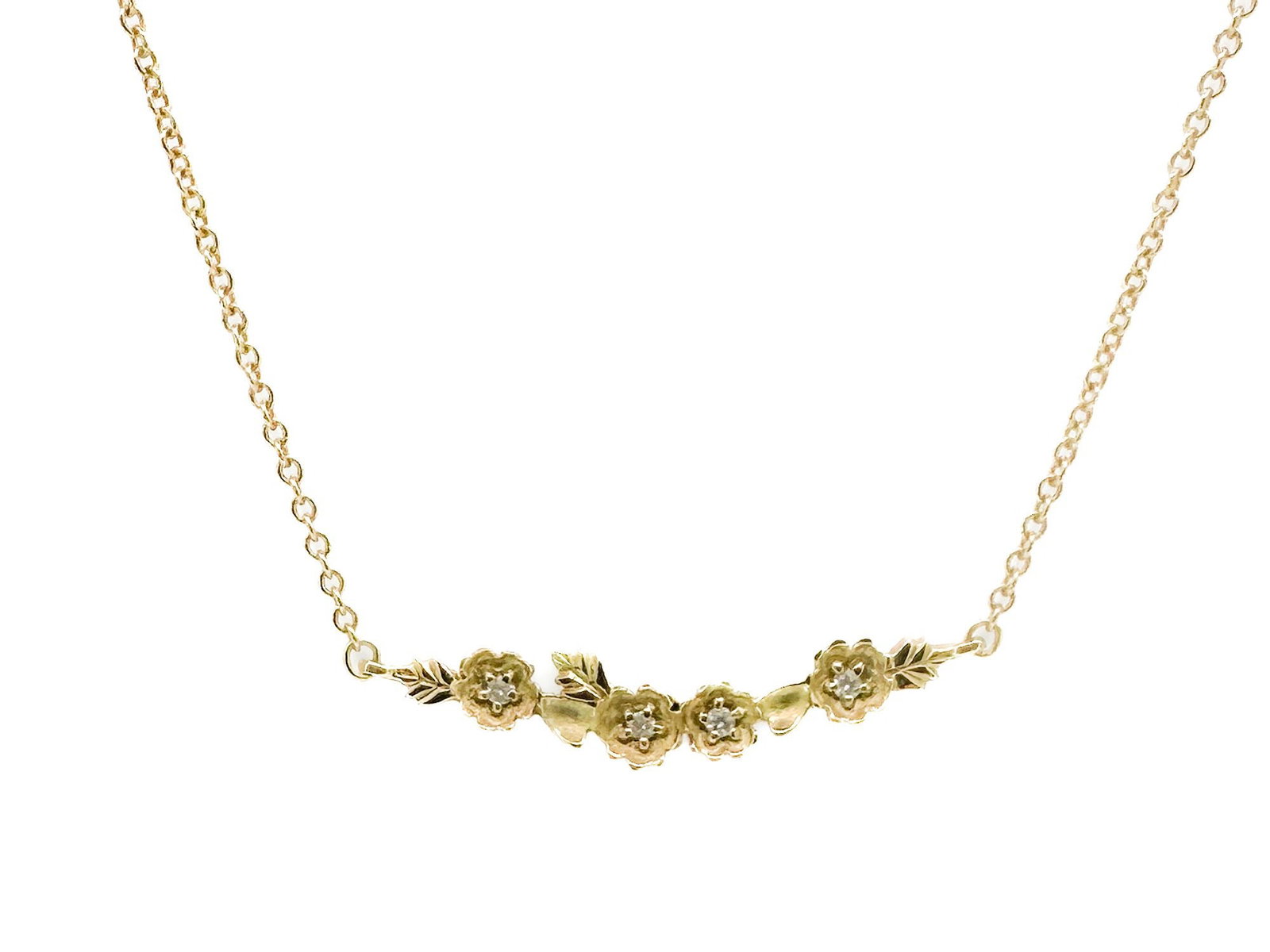 MS Co 18K Gold Diamond Floral Garland Pendant Necklace: An 18K yellow gold necklace featuring a floral garland pendant set with diamonds. Marked "MS Co" and "750". 18 inches long, 2.1 grams.