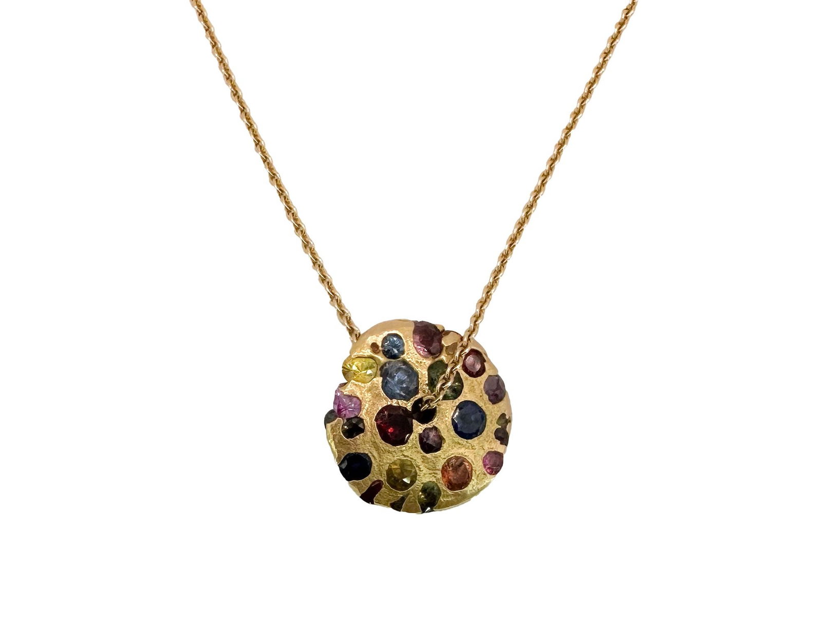 RW 18K Gold and Multicolor Gemstones Pendant Necklace, 22 inches: RW 18K yellow gold pendant necklace featuring a disc pendant set with various multicolor gemstones. Marked 'RW' and '750'. 22 inches long, 5.5 grams.