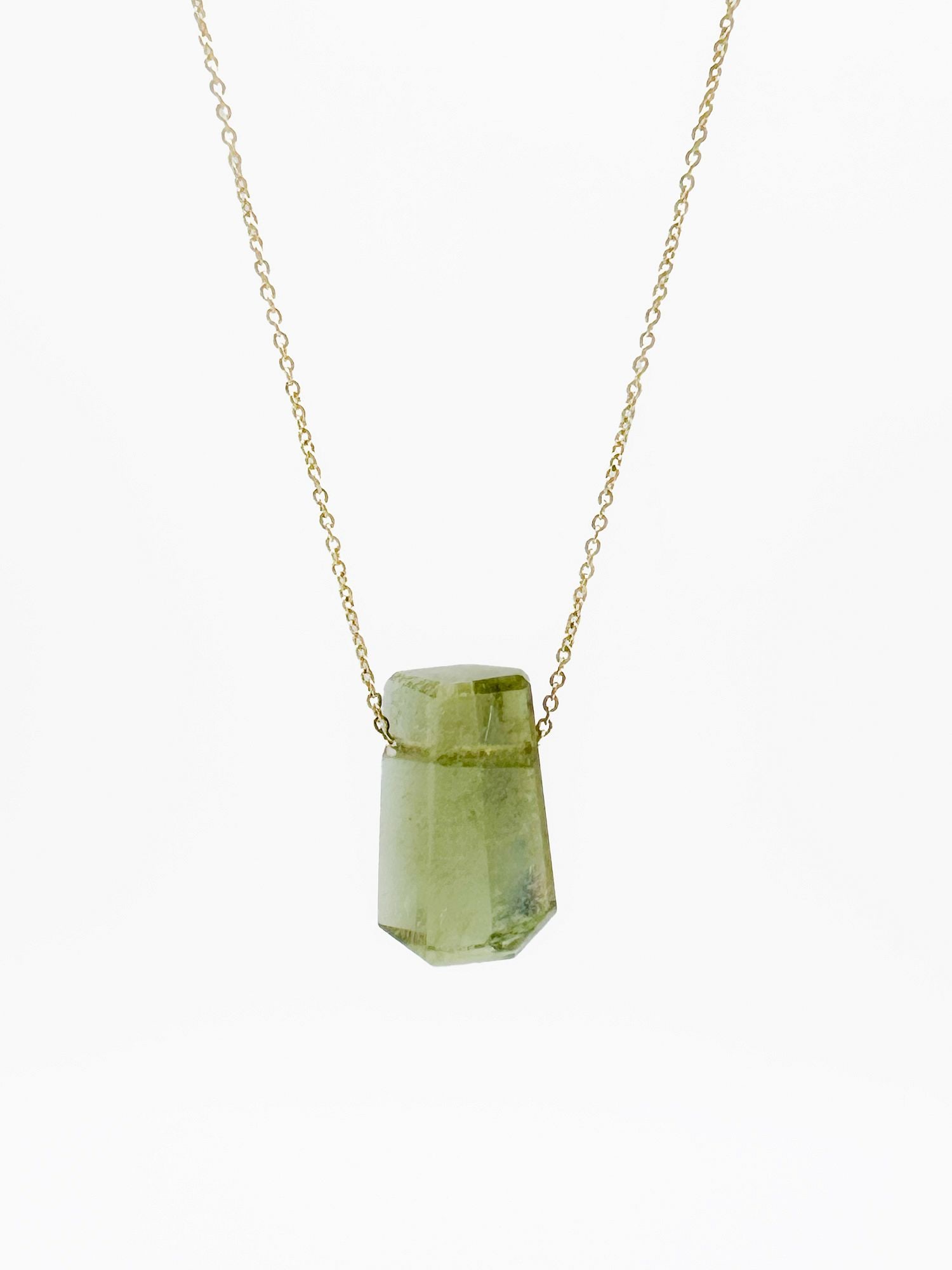 Margaret Solow 14K Gold & Green Tourmaline Pendant Necklace: Margaret Solow 14K yellow gold necklace featuring a green tourmaline pendant. Necklace is 16 inches long, pendant is 1/2 inch. Total weight: 1.7 grams.