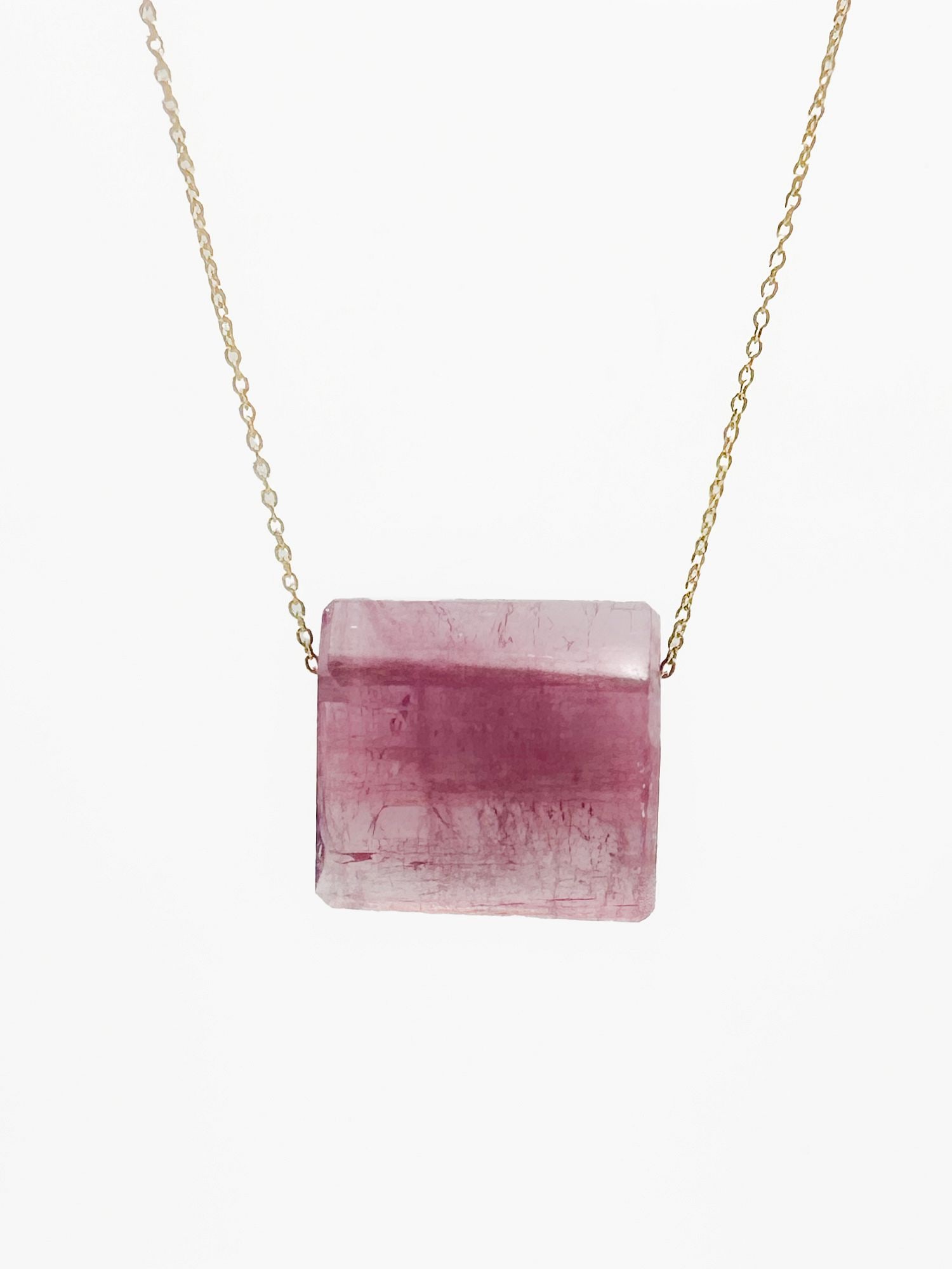 Margaret Solow 14K Gold & Pink Tourmaline Pendant Necklace: Margaret Solow necklace featuring a 14K yellow gold chain and a pink tourmaline pendant. Chain is 16 inches long; pendant is 5/8 inch long. Total weight: 3 grams.