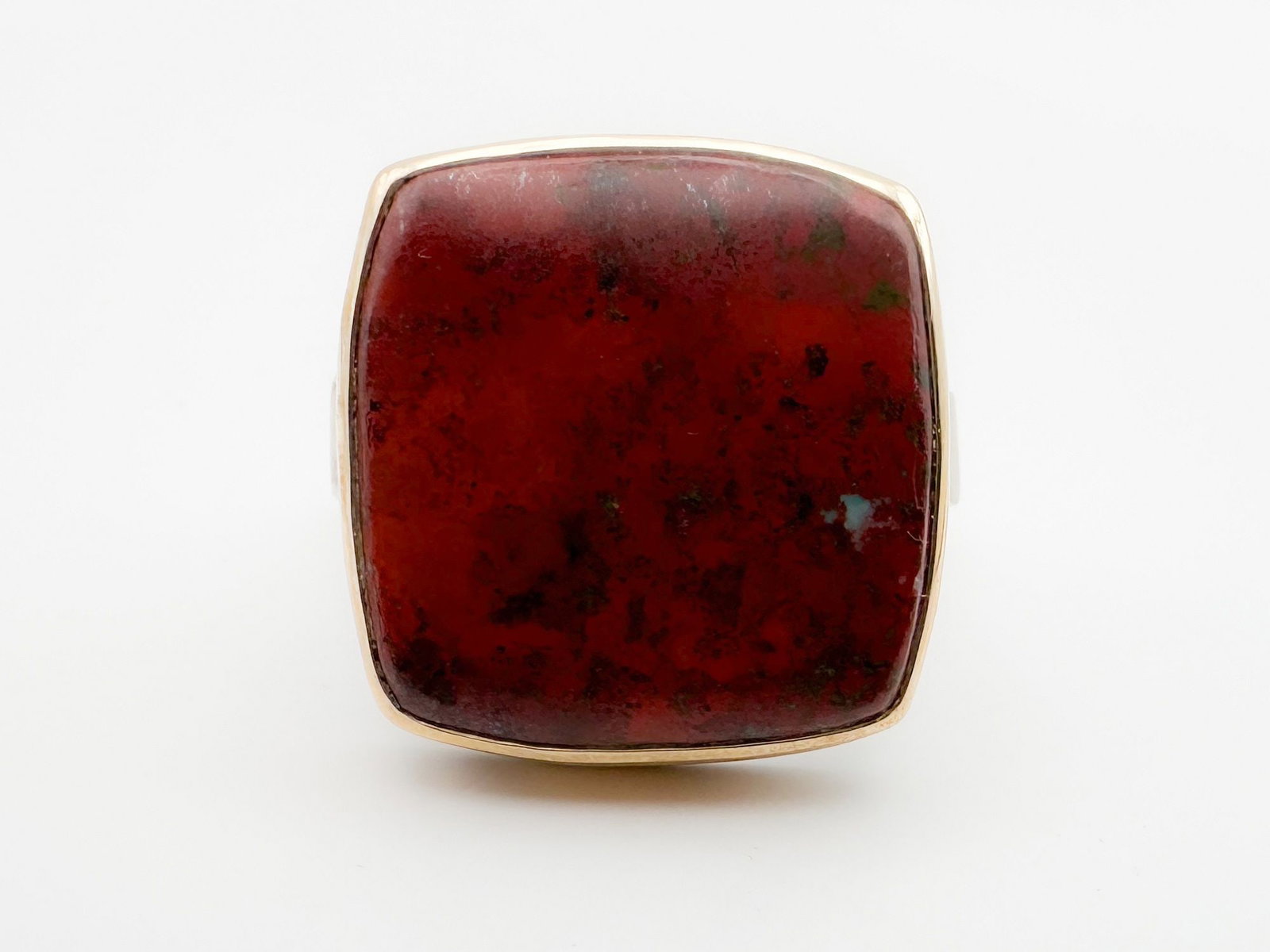 Jamie Joseph Red Jasper Ring, 14K Gold Bezel & Sterling Silver Band: Jamie Joseph ring featuring a red jasper stone set in 14K gold bezel with a sterling silver band. Size 9. The face measures approximately 3/4 x 3/4 inches. Total weight: 12.5 grams.