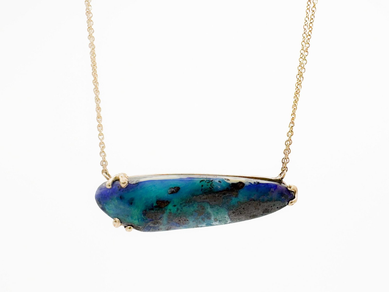 Jamie Joseph 14K Gold Boulder Opal Pendant Necklace: Jamie Joseph 14K yellow gold necklace featuring a boulder opal pendant. Double strand chain, 20 inches long. Weighs 6.8 grams.