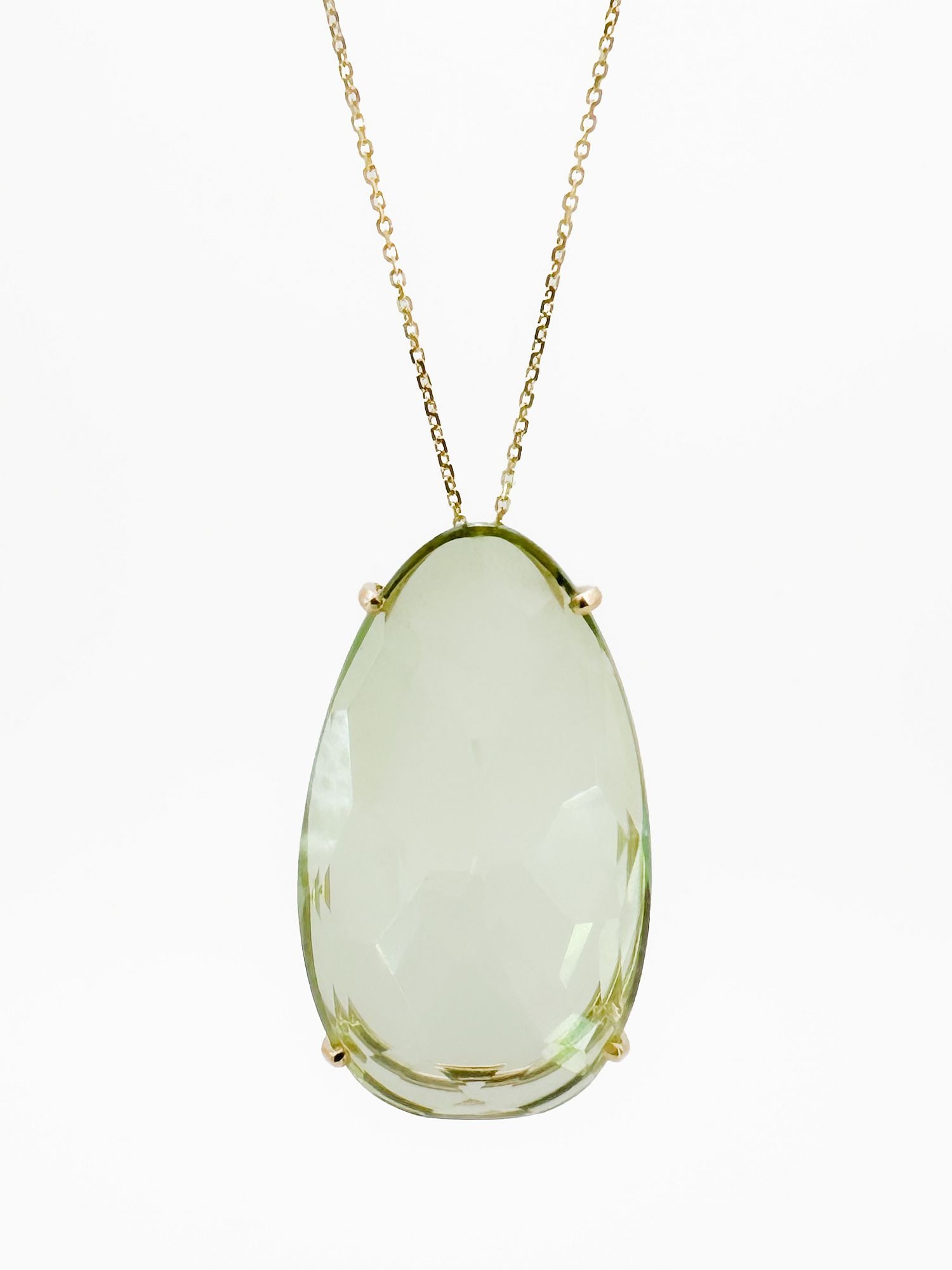 14K Gold Green Amethyst Pendant Necklace, Kalan: 14K yellow gold necklace featuring a large, faceted green amethyst pendant. Chain is 19 inches, pendant is 1 1/8 inches. Total weight: 5.7 grams. Marked Kalan.
