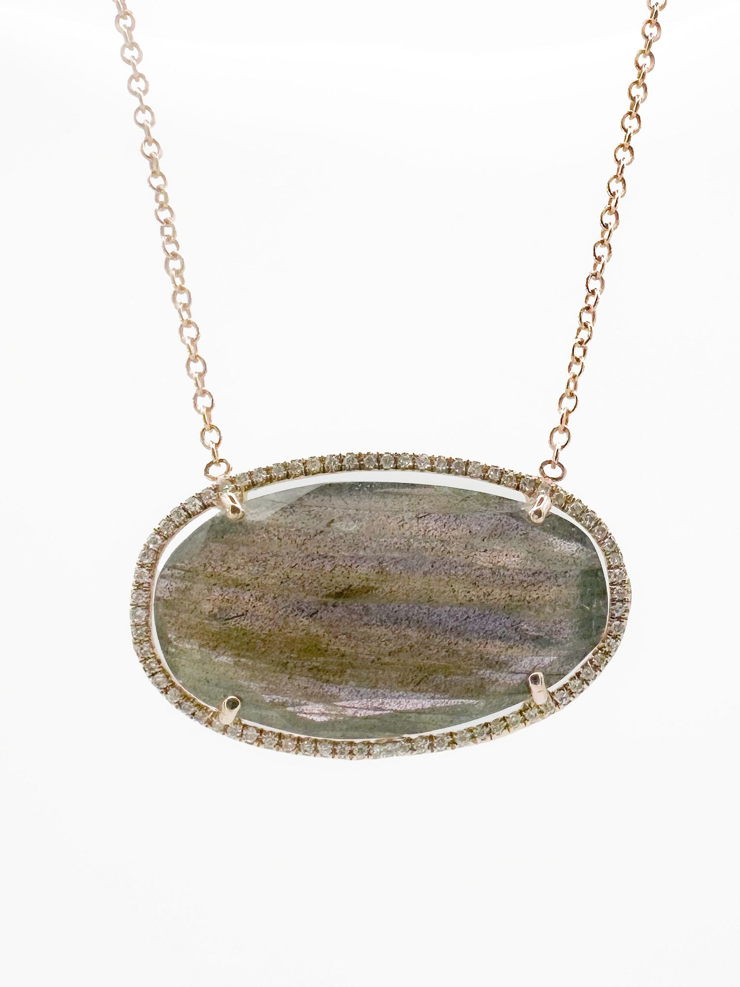 14K Rose Gold Labradorite & Diamond Pendant Necklace: 14K rose gold necklace featuring an oval labradorite pendant with a diamond pave bezel. Chain is 16 inches, pendant is 1 inch wide. Weighs 4.8 grams.
