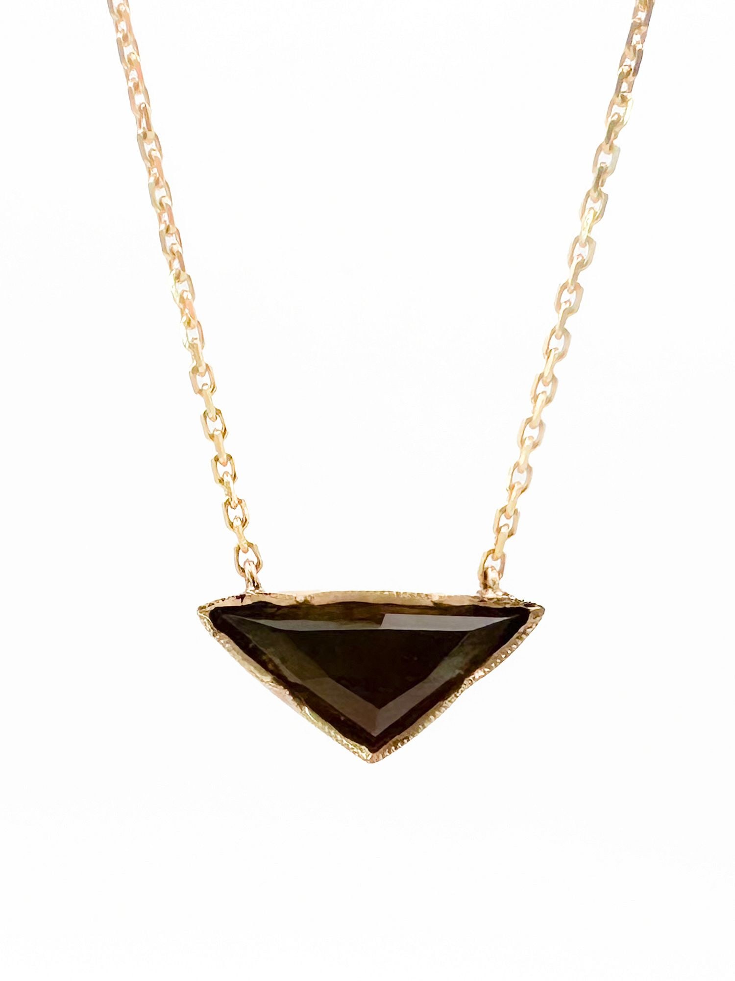 Brooke Gregson 18K Rose Gold Tourmaline Pendant Necklace: Brooke Gregson necklace featuring a tourmaline triangle pendant in 18K rose gold. Two-tone rose and yellow gold chain, 19 inches long. Pendant measures 7/8 inches. Total weight: 6.6 grams.